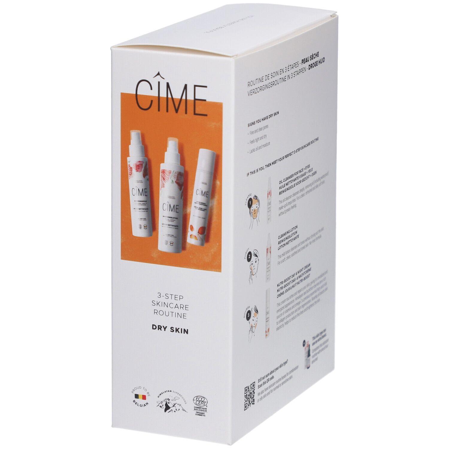 Emballage avec trois produits. Inscription : Cîme, 3-Step Skincare Routine, Dry Skin. Logos et icônes.
