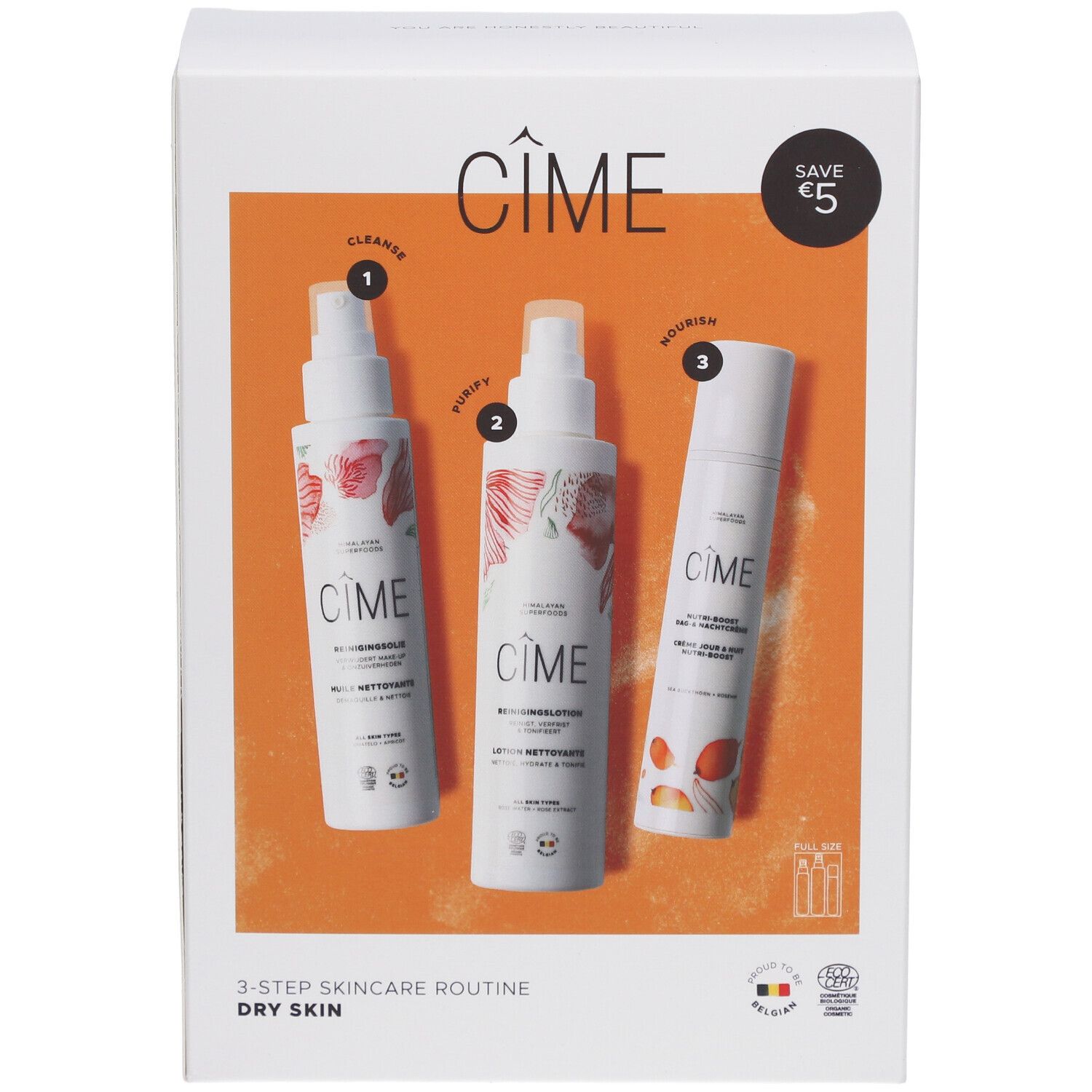 Boîte blanche avec trois produits. Inscription : Cîme, 3-Step Skincare Routine, Dry Skin. Autocollant : Save €5.