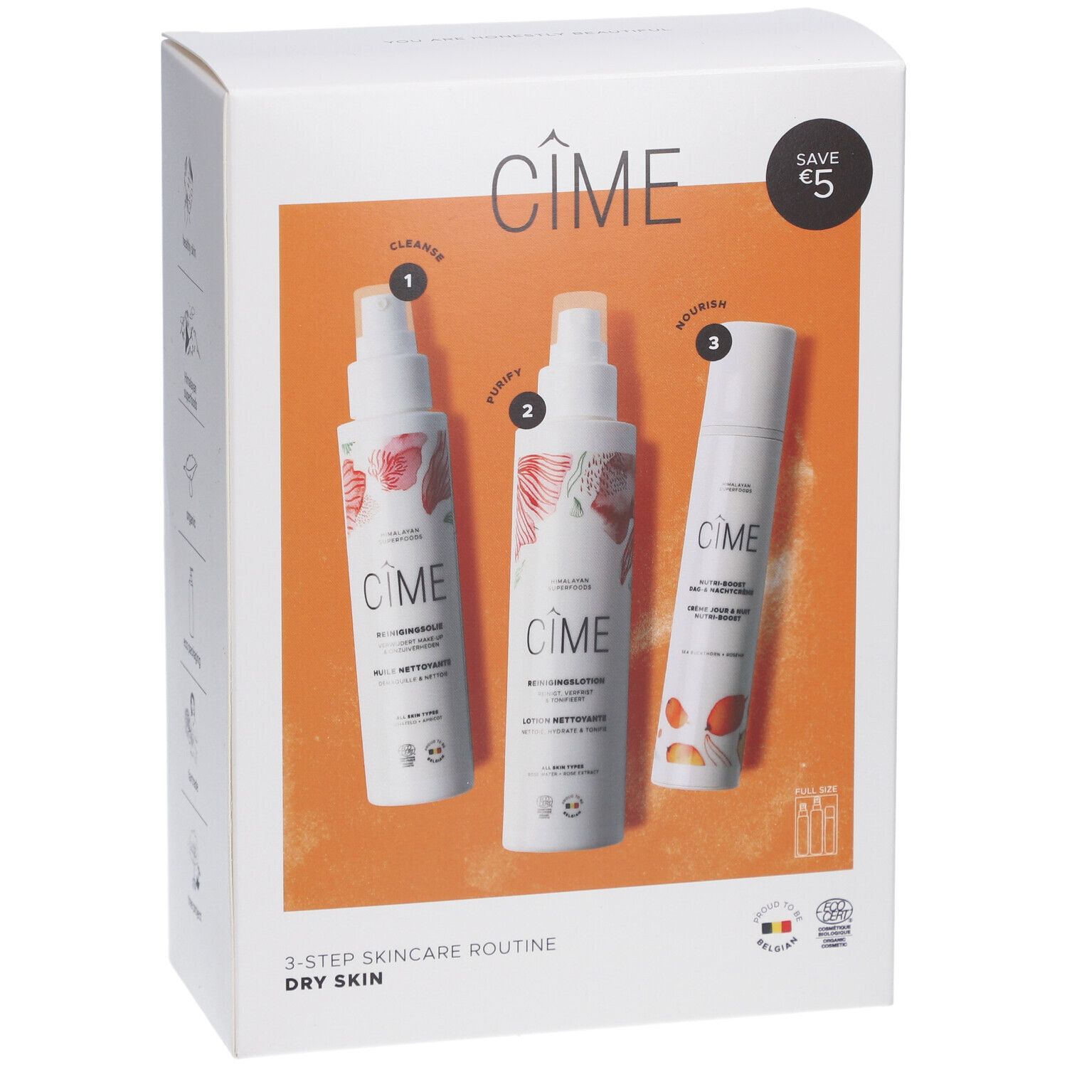 Boîte blanche avec trois produits. Inscription : Cîme, 3-Step Skincare Routine, Dry Skin. Autocollant : Save €5.
