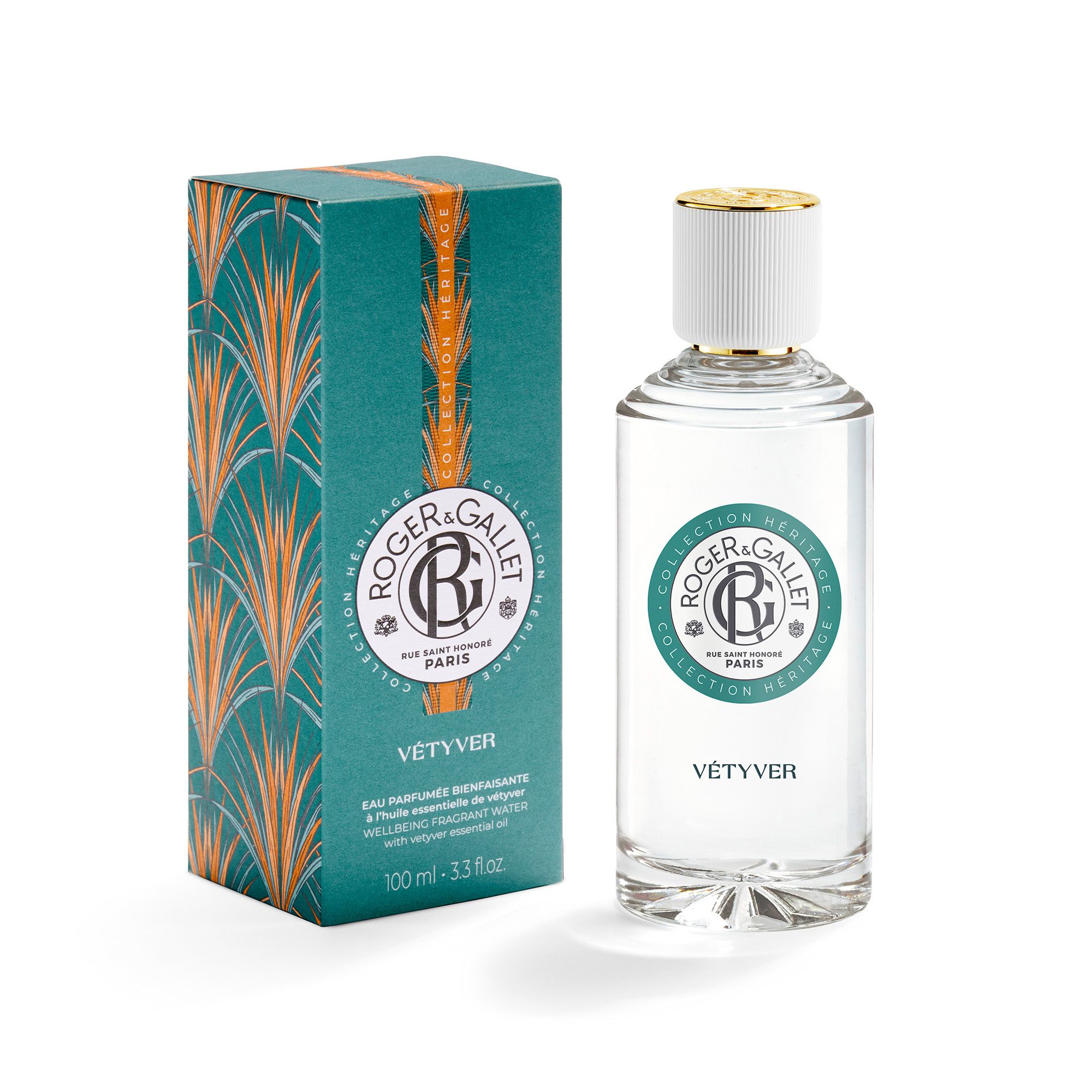 Flacon en verre et boîte. Roger & Gallet VÉTYVER. Logo et texte. Emballage.