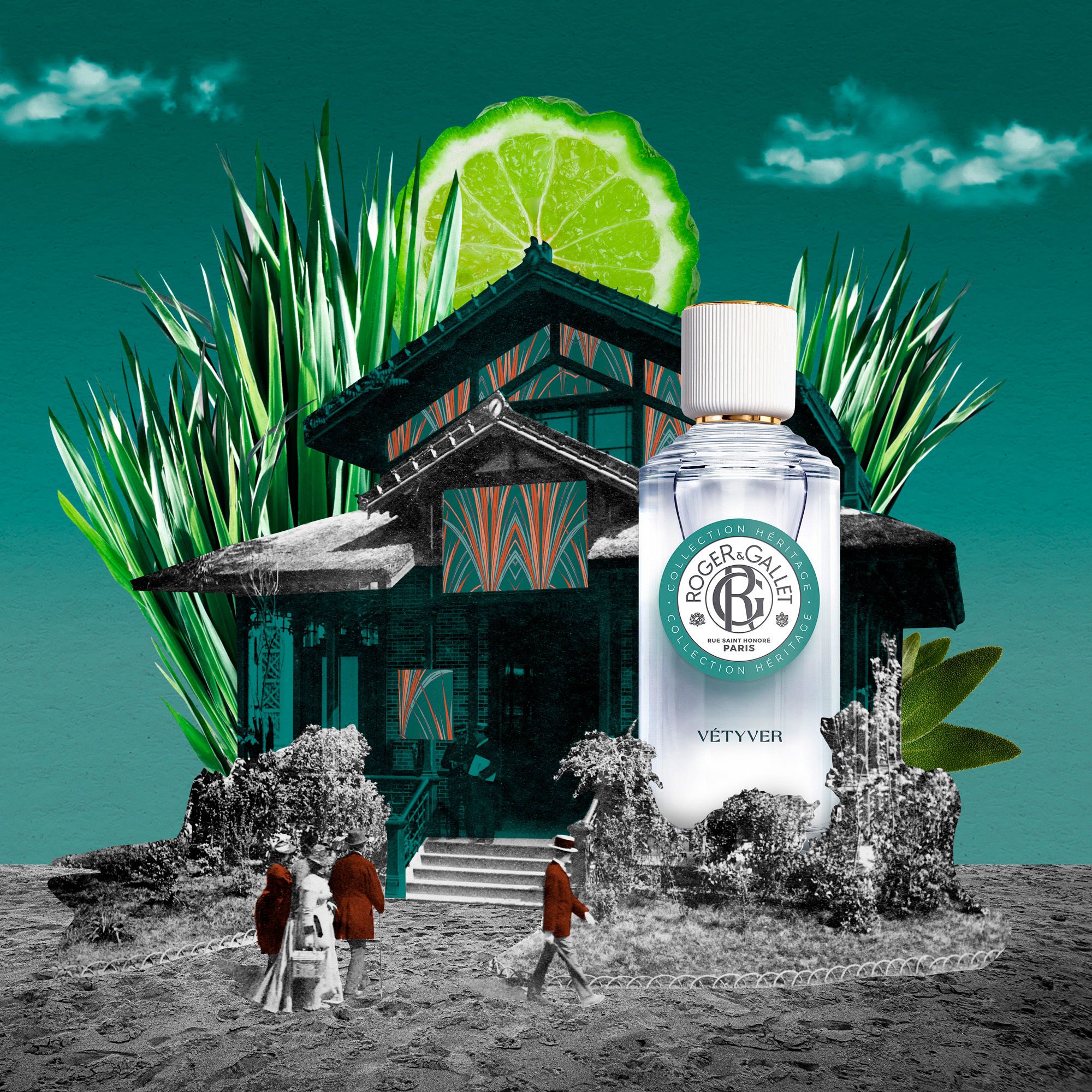 Flacon en verre et maison avec environnement. Roger & Gallet VÉTYVER. Logo et texte. Collage.