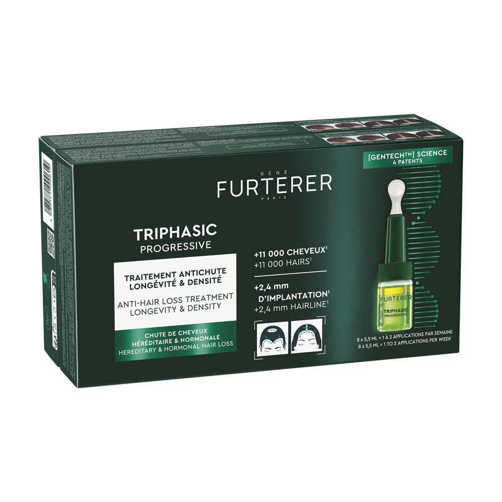 Ampoule René Furterer Triphasic Progressive. Bouchon vert, liquide transparent. Inscription: Triphasic Progressive.
