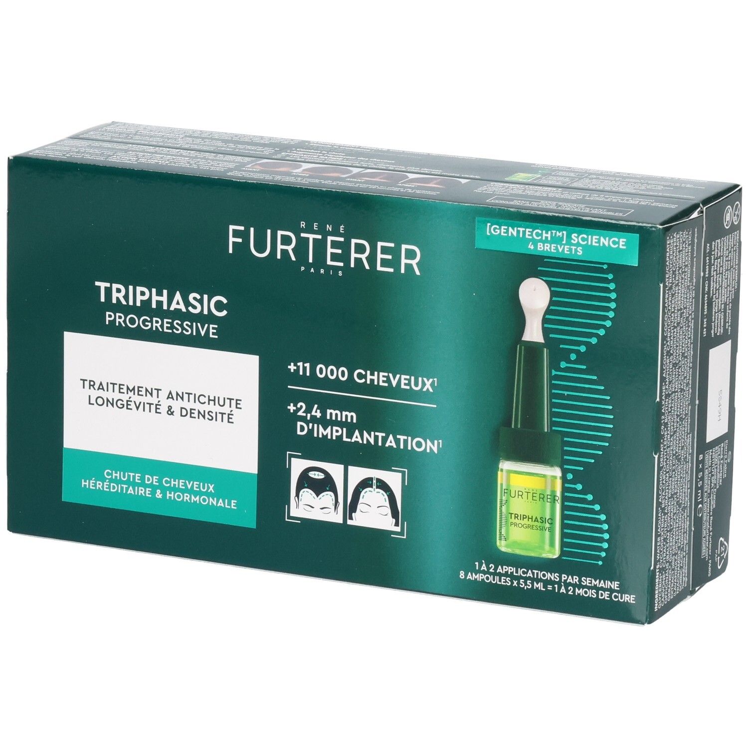 Dunkelgrüne Schachtel mit René Furterer Triphasic Progressive. Text: Behandlung gegen Haarausfall, Langlebigkeit & Dichte.