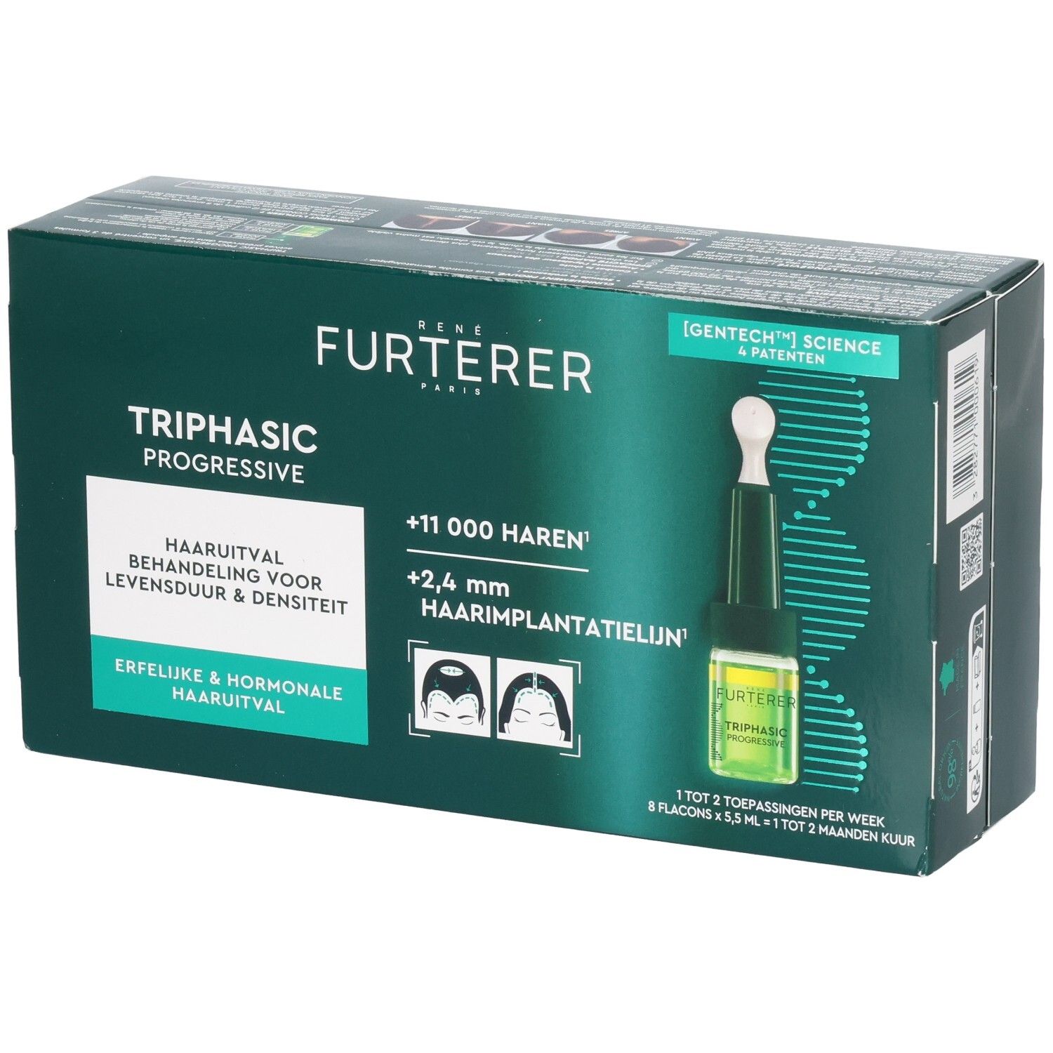 Dunkelgrüne Schachtel René Furterer Triphasic Progressive. Text: Behandlung gegen Haarausfall, Langlebigkeit & Dichte. Ampullen.