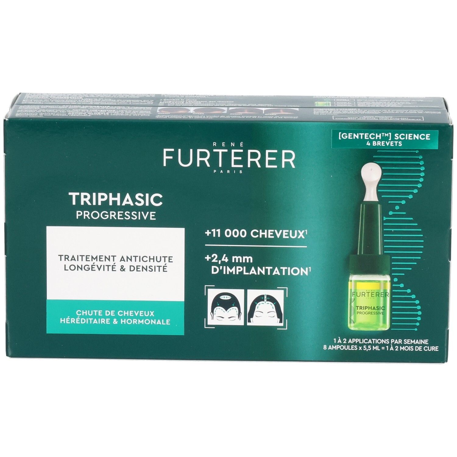 Dunkelgrüne Schachtel René Furterer Triphasic Progressive. Text: Behandlung gegen Haarausfall, Langlebigkeit & Dichte. Ampullen.