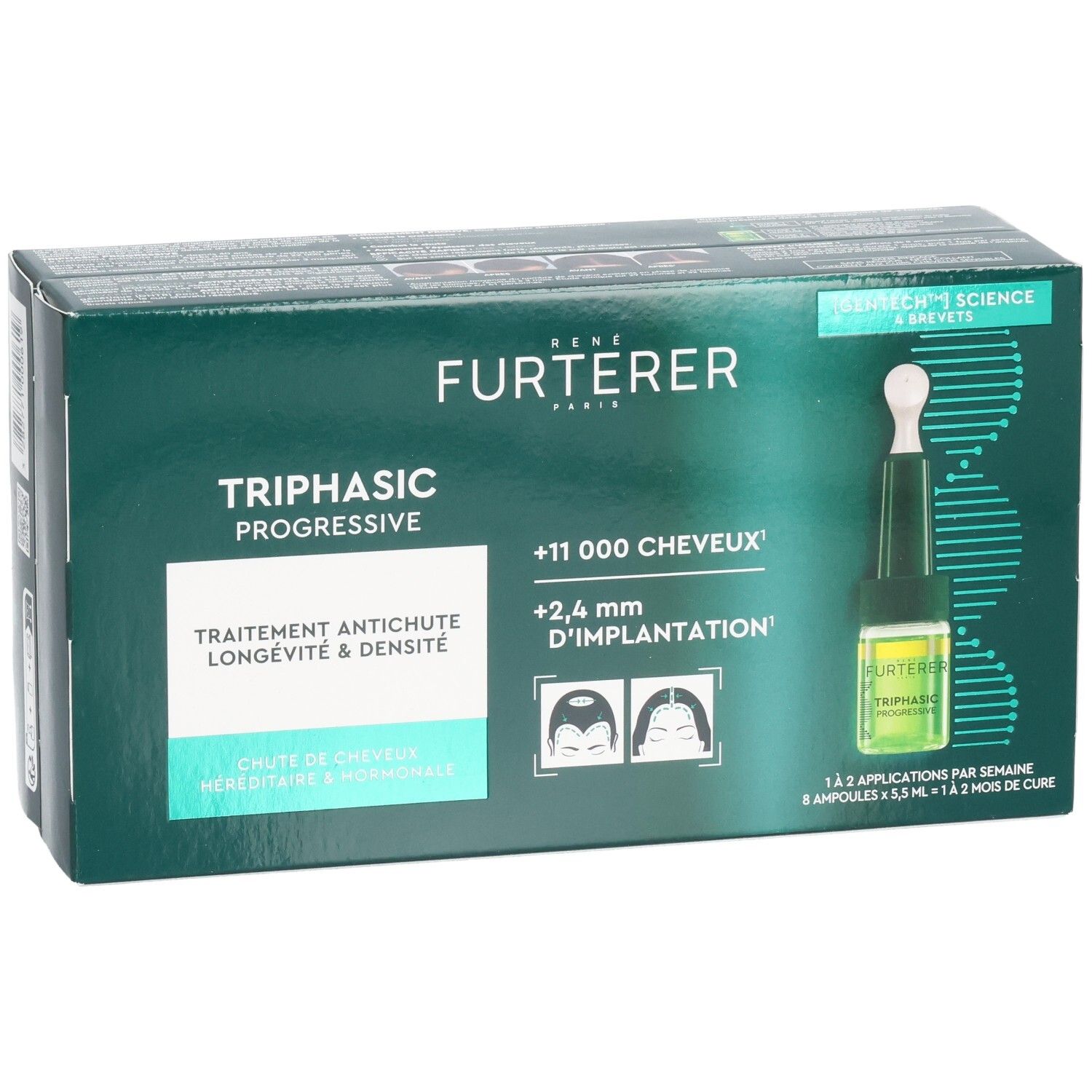 Dunkelgrüne Schachtel René Furterer Triphasic Progressive. Text: Behandlung gegen Haarausfall, Langlebigkeit & Dichte. Ampullen.