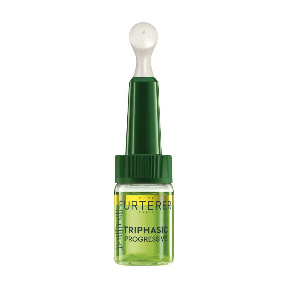 Ampoule René Furterer Triphasic Progressive. Fond dégradé vert. Texte: +2,4 mm D'Implantation.