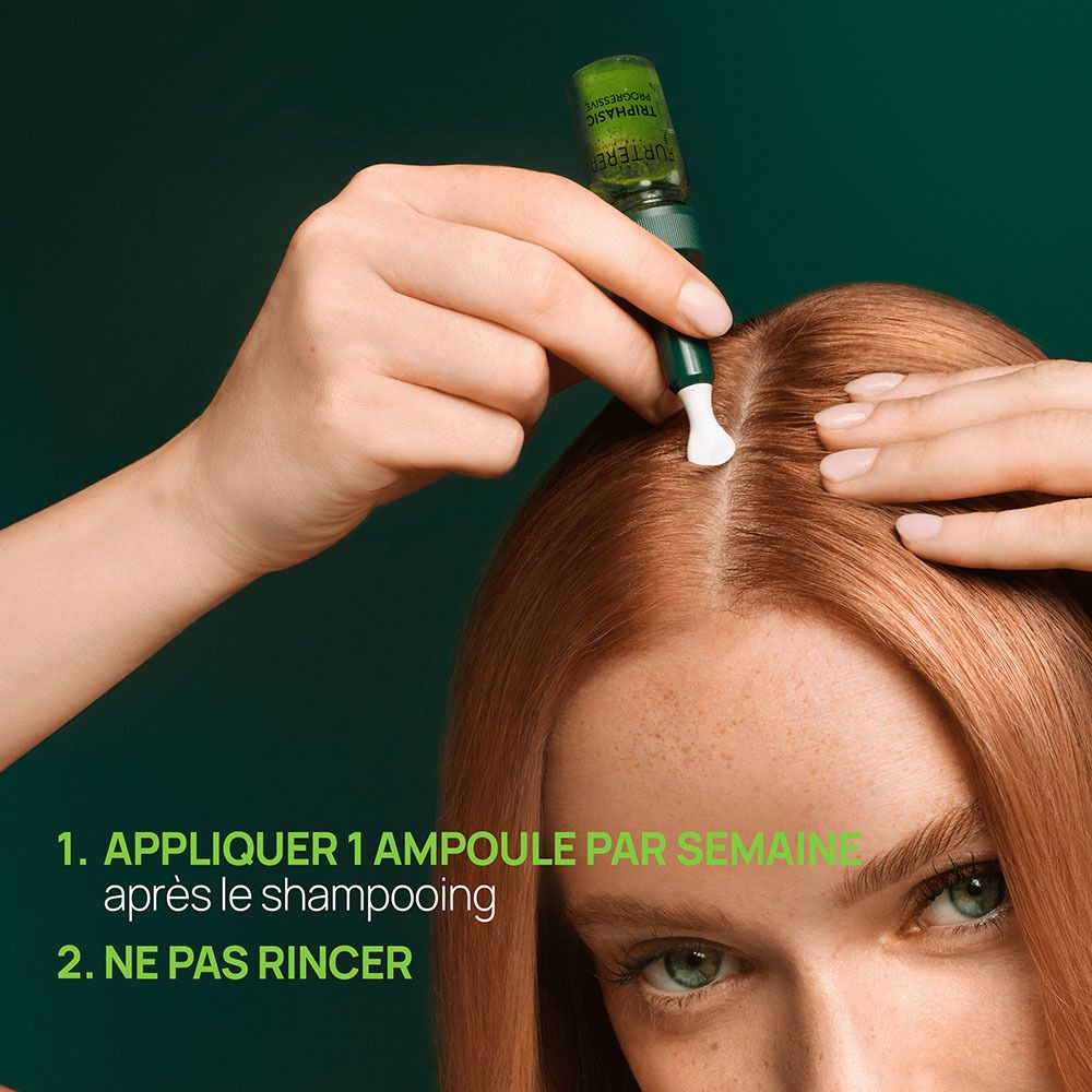 Fleur dans un liquide doré. Texte: Science [GenTech]: trio d'actifs brevetés. Ampoule René Furterer.