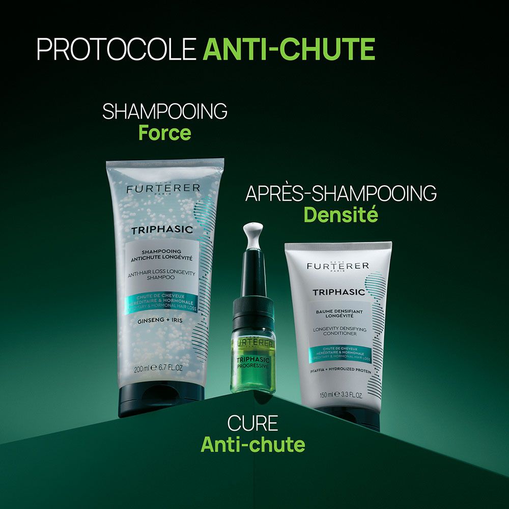 Ampoule René Furterer Triphasic Progressive. Fond dégradé vert. Texte: +2,4 mm Hairline.