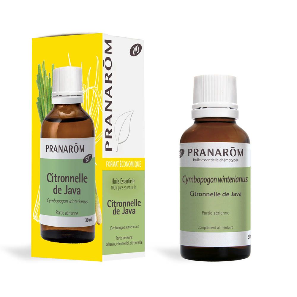 Produktverpackung und Flasche. Weiße Schachtel mit Produktnamen, Markenlogo und BIO-Zertifizierung. Flasche daneben.