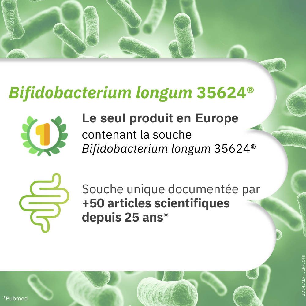 Produit avec capsules et illustration intestinale. Inscription: SYMBIOSYS alflorex+ 30 Gélules Capsules.
