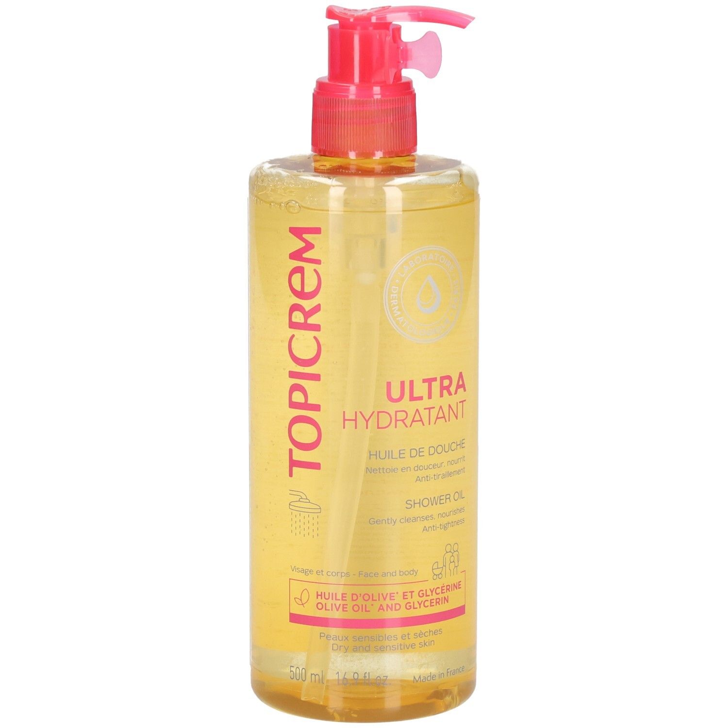 Topicrem Ultra Hydratant Duschöl. Transparente Flasche mit rosa Pumpkopf. Produktbezeichnungen in Rosa und Weiß.
