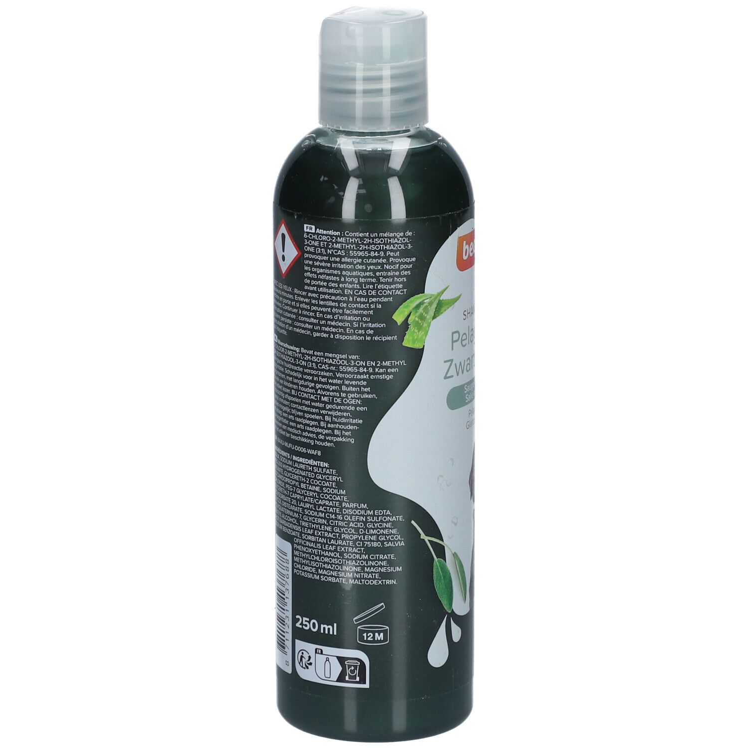 Rückseite der grünen Flasche. Text und Warnhinweise. 250 ml. 12M-Symbol.