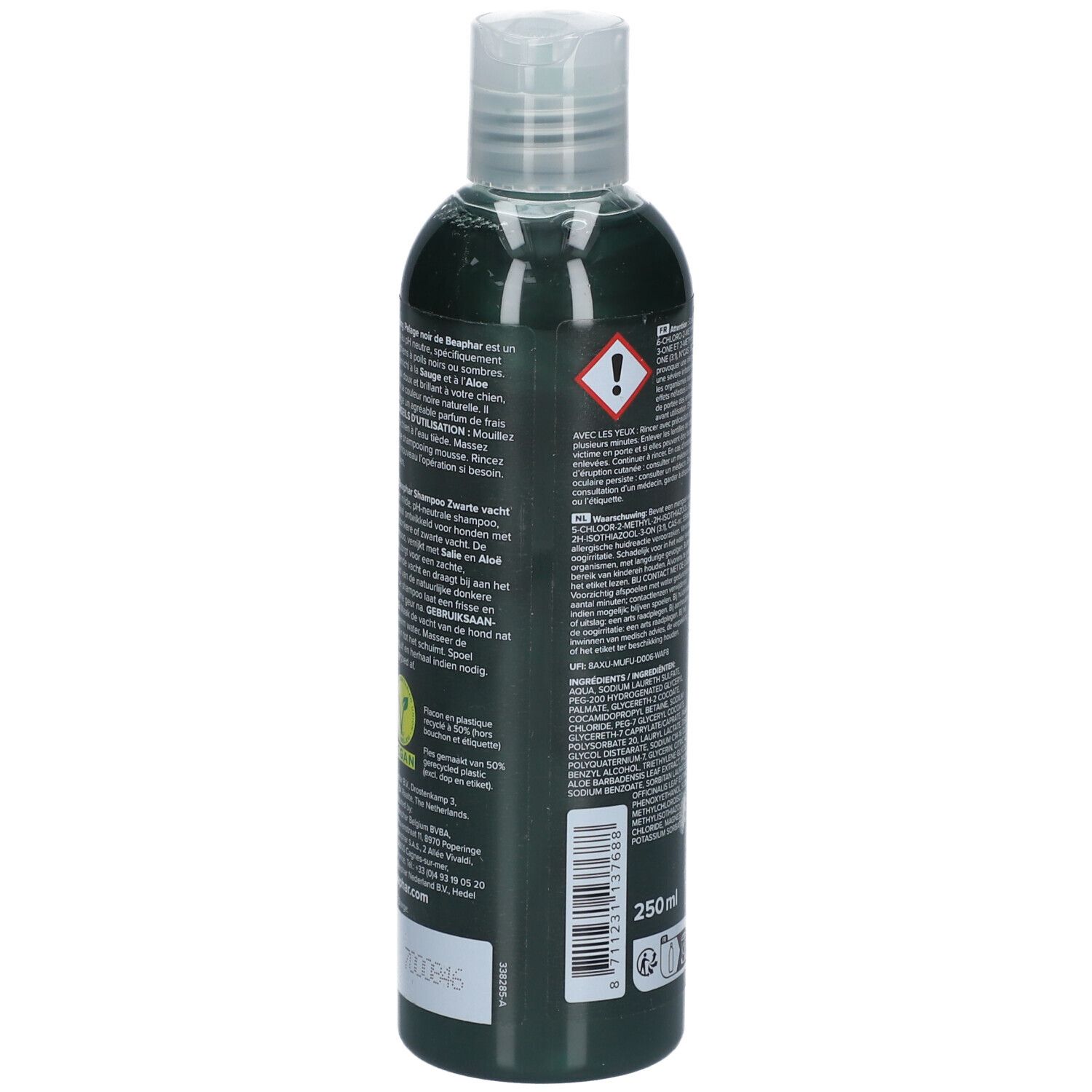 Rückseite der grünen Flasche. Text und Warnhinweise. 250 ml. Barcode.
