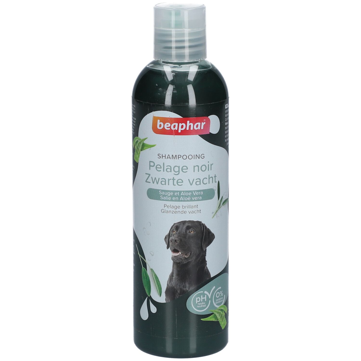 Grüne Flasche mit Beaphar Shampooing Pelage noir. Abbildung eines schwarzen Hundes. pH-neutral.