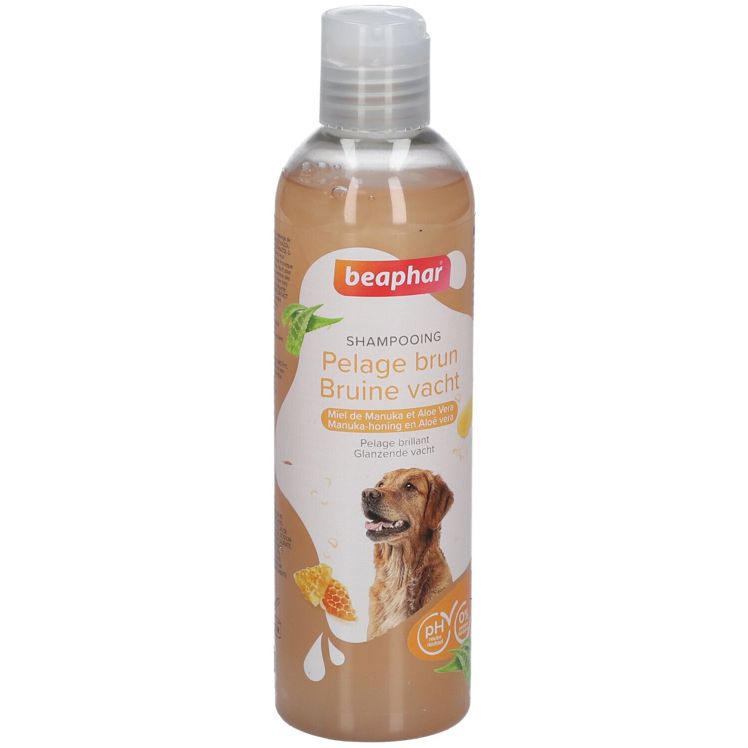 Beaphar Shampooing Pelage brun Chien. Bouteille de shampooing brun, chien sur l'étiquette. pH 0%.