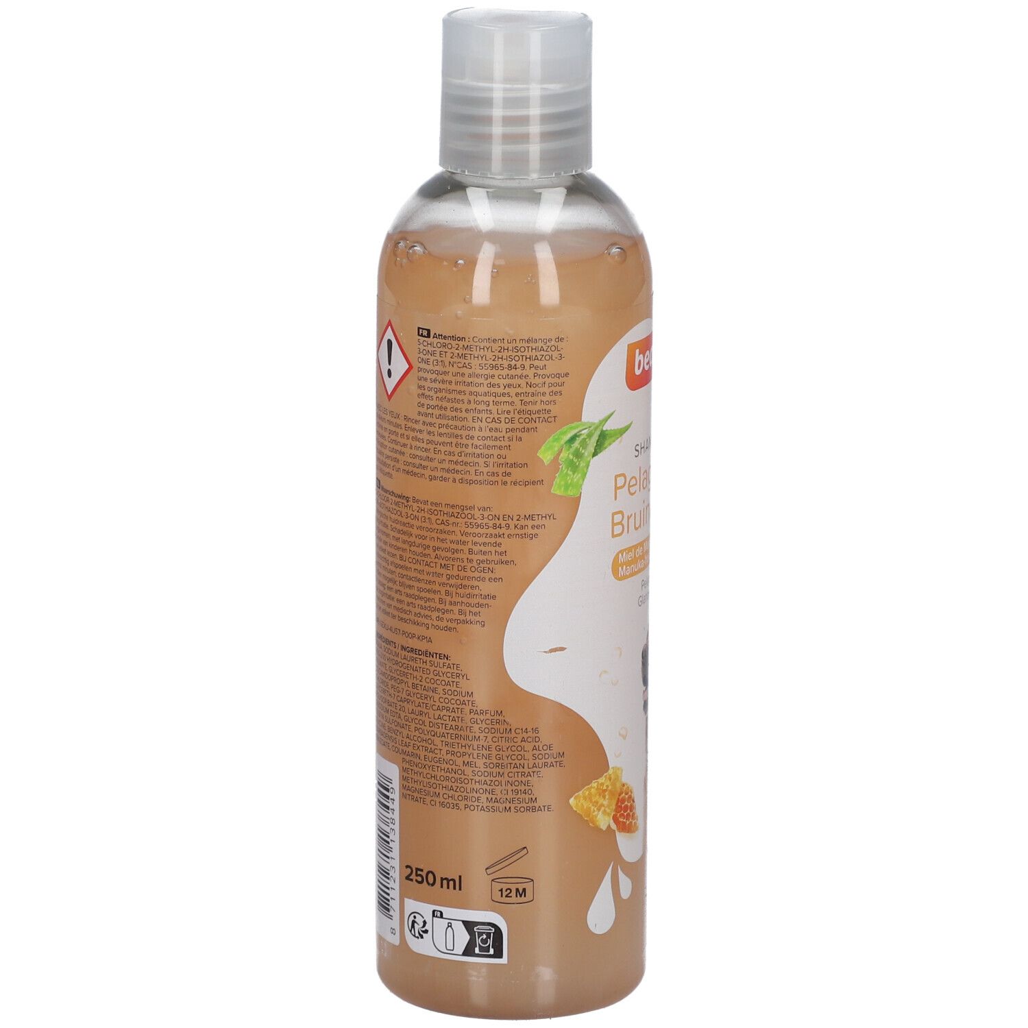Beaphar Shampooing Pelage brun Chien. Dos de la bouteille avec texte et avertissements. 250 ml.