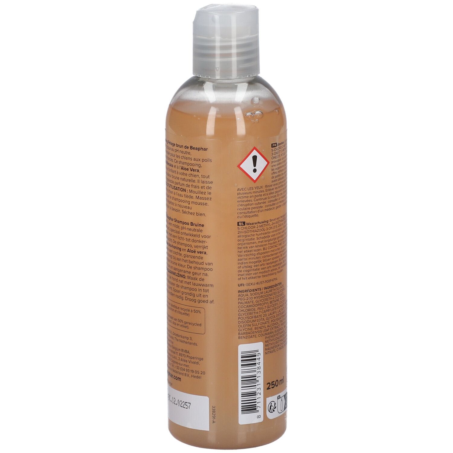 Beaphar Shampooing Pelage brun Chien. Vue arrière de la bouteille avec texte et avertissements. 250 ml.