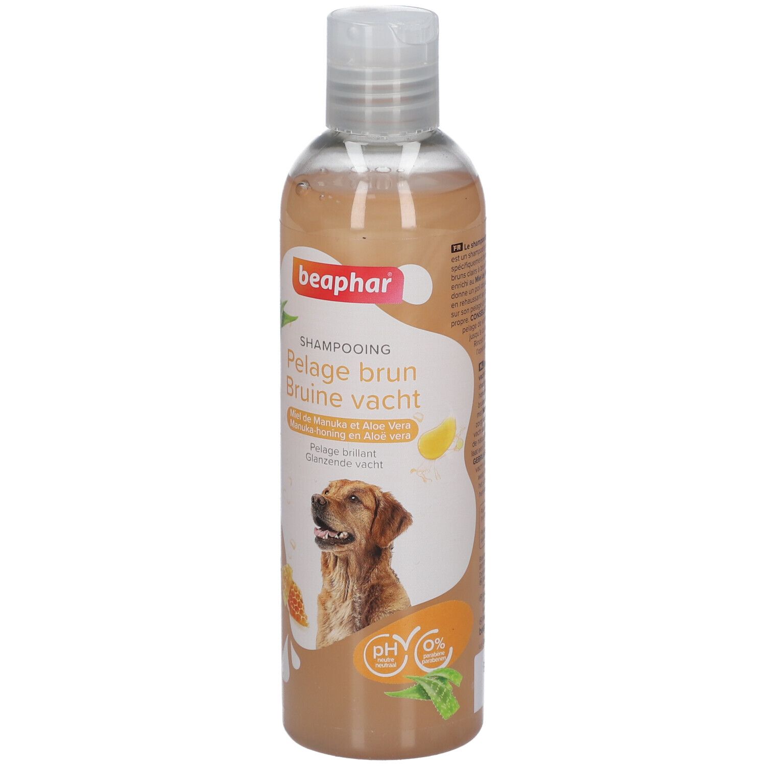 Beaphar Shampooing Pelage brun Chien. Bouteille de shampooing brun, chien sur l'étiquette. pH 0%.