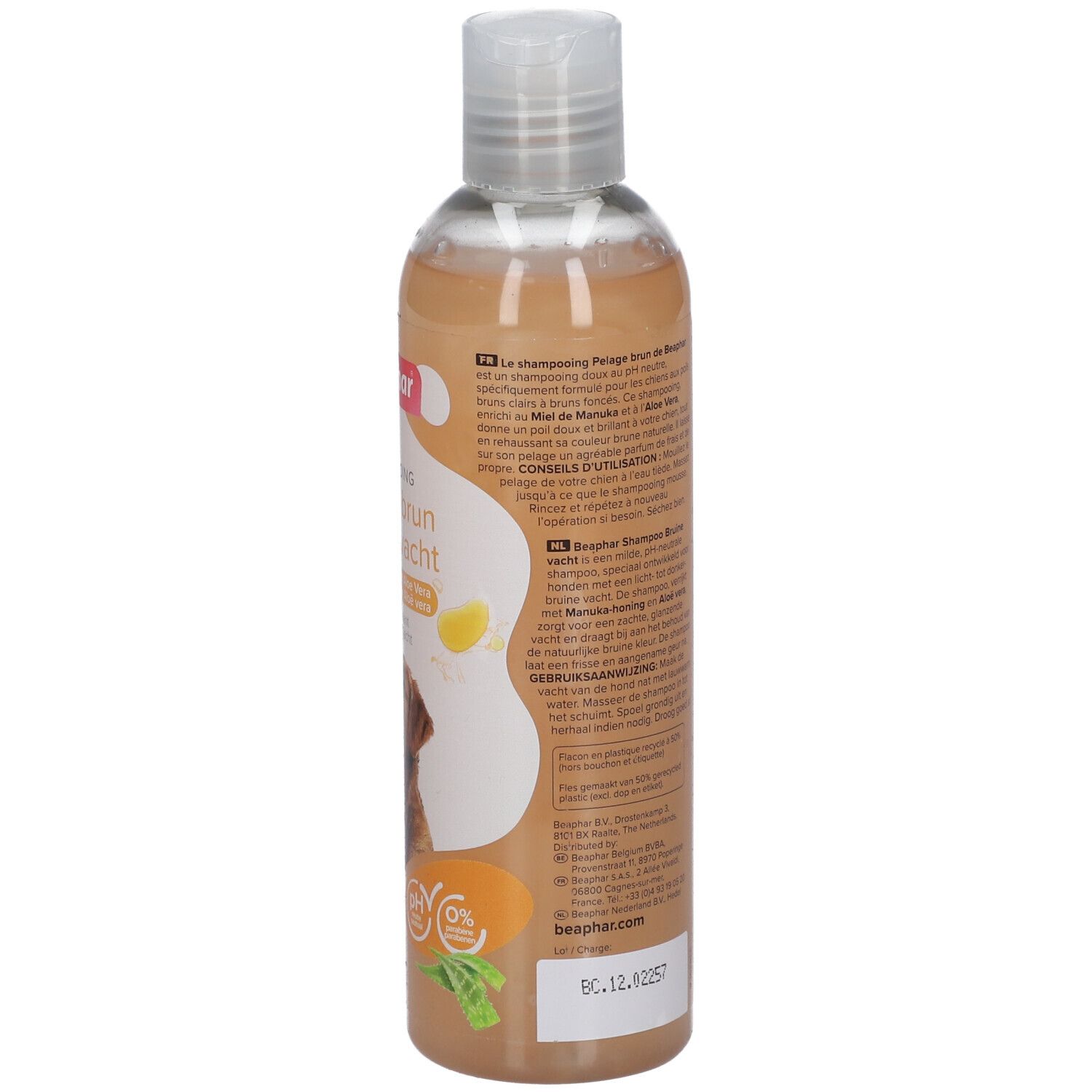 Beaphar Shampooing Pelage brun Chien. Dos de la bouteille avec texte et logo pH 0%. 250 ml.