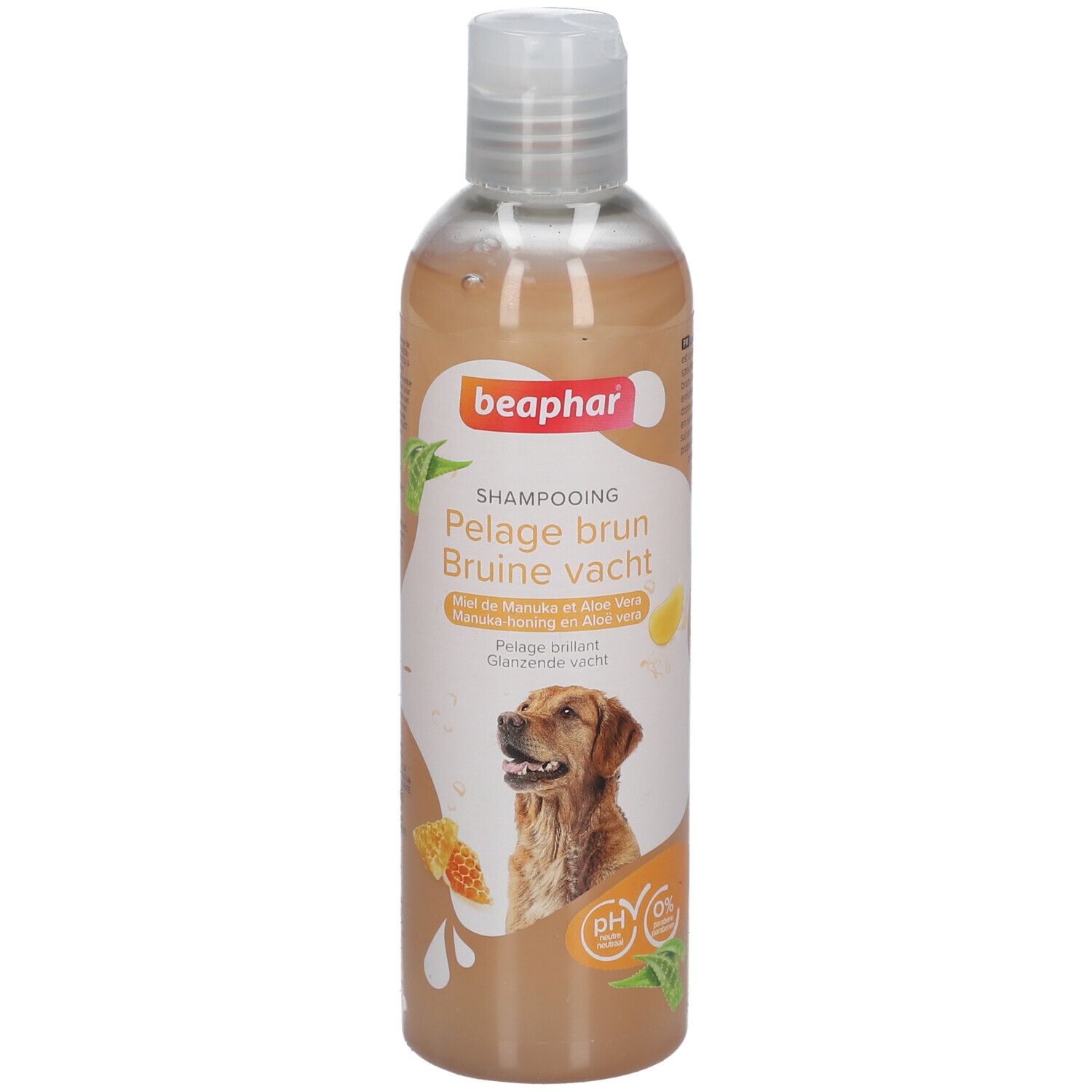 Beaphar Shampooing Pelage brun Chien. Bouteille de shampooing brun, chien sur l'étiquette. pH 0%.
