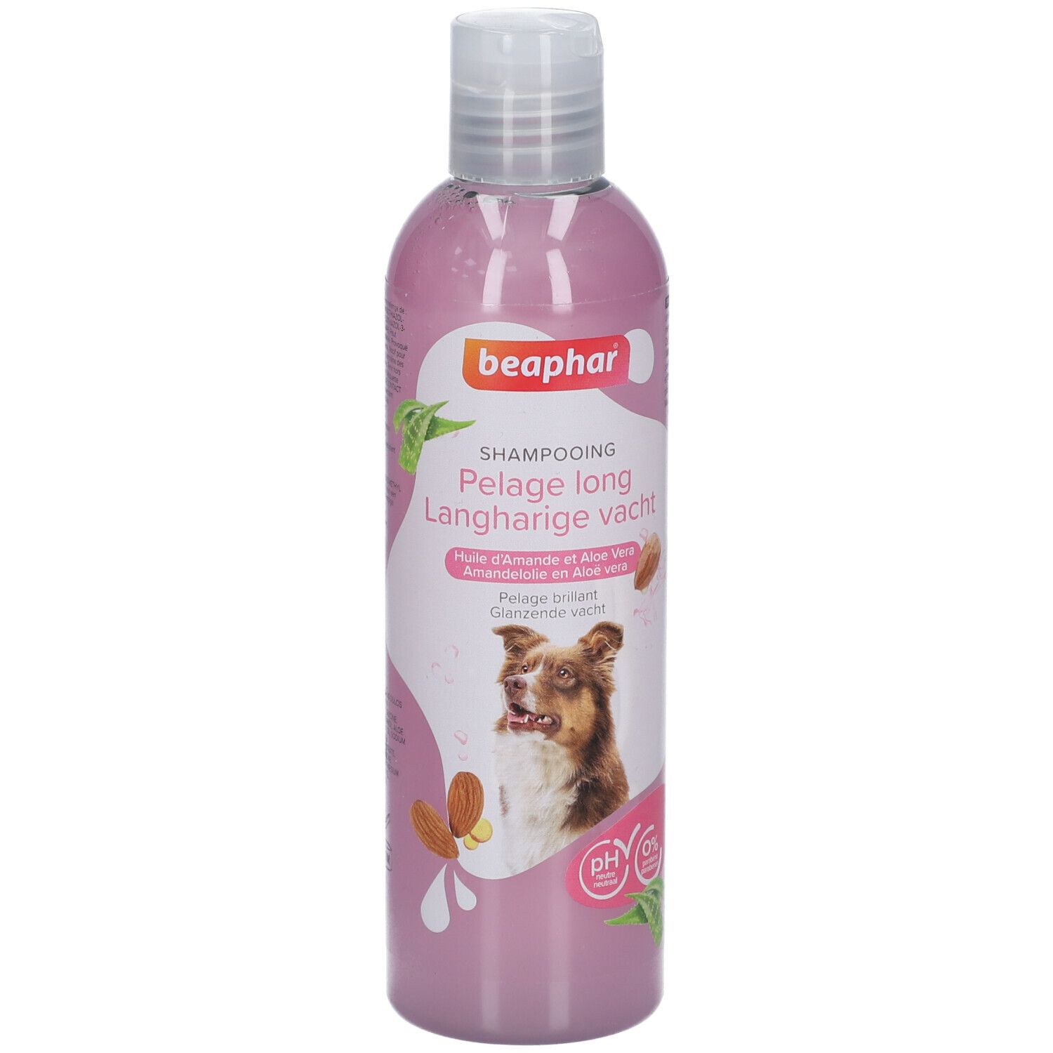Rosa Flasche mit Beaphar Shampooing. Aufschrift: Pelage long Langharige vacht. Abbildung eines Hundes. pH 6, 0%.