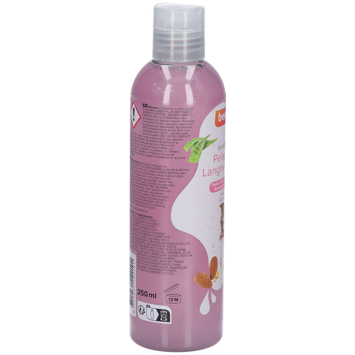 Rückseite der rosa Flasche. Text und Symbole. 250 ml. 12 M. Gefahrensymbol.