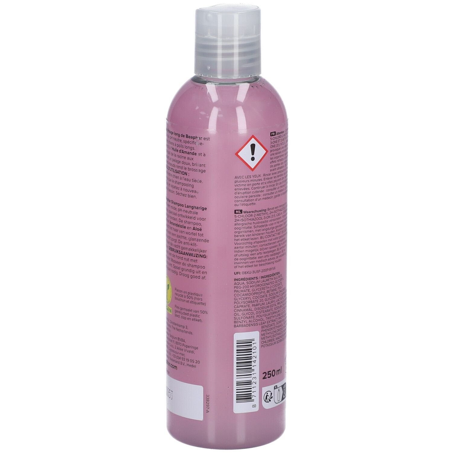 Rückseite der rosa Flasche. Text und Symbole. 250 ml. Gefahrensymbol. Barcode.