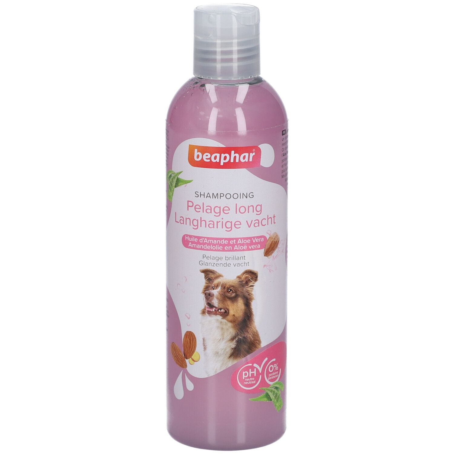 Rosa Flasche mit Beaphar Shampooing. Aufschrift: Pelage long Langharige vacht. Abbildung eines Hundes. pH 6, 0%.