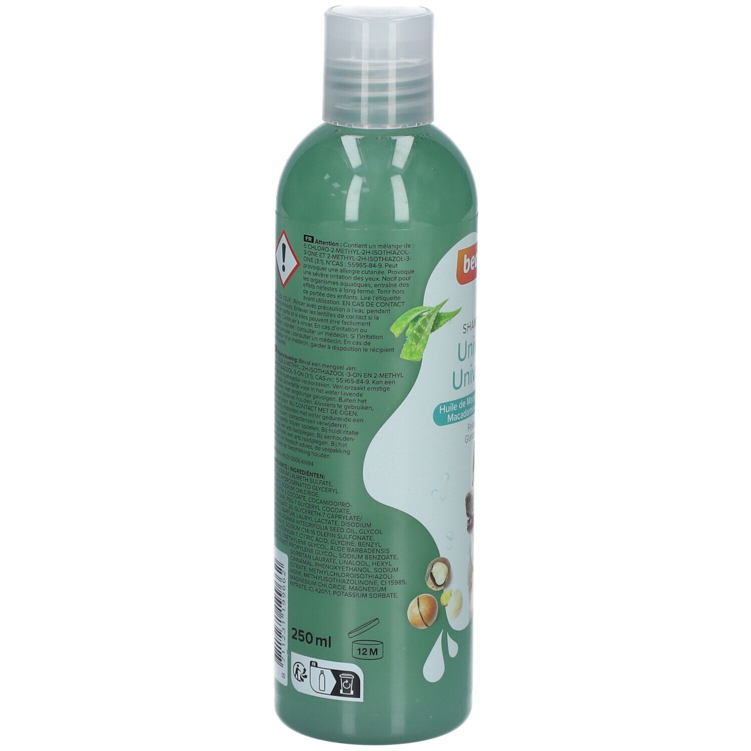Rückseite einer grünen Shampoo-Flasche. Textinformationen und Logos. 250 ml Volumenangabe.