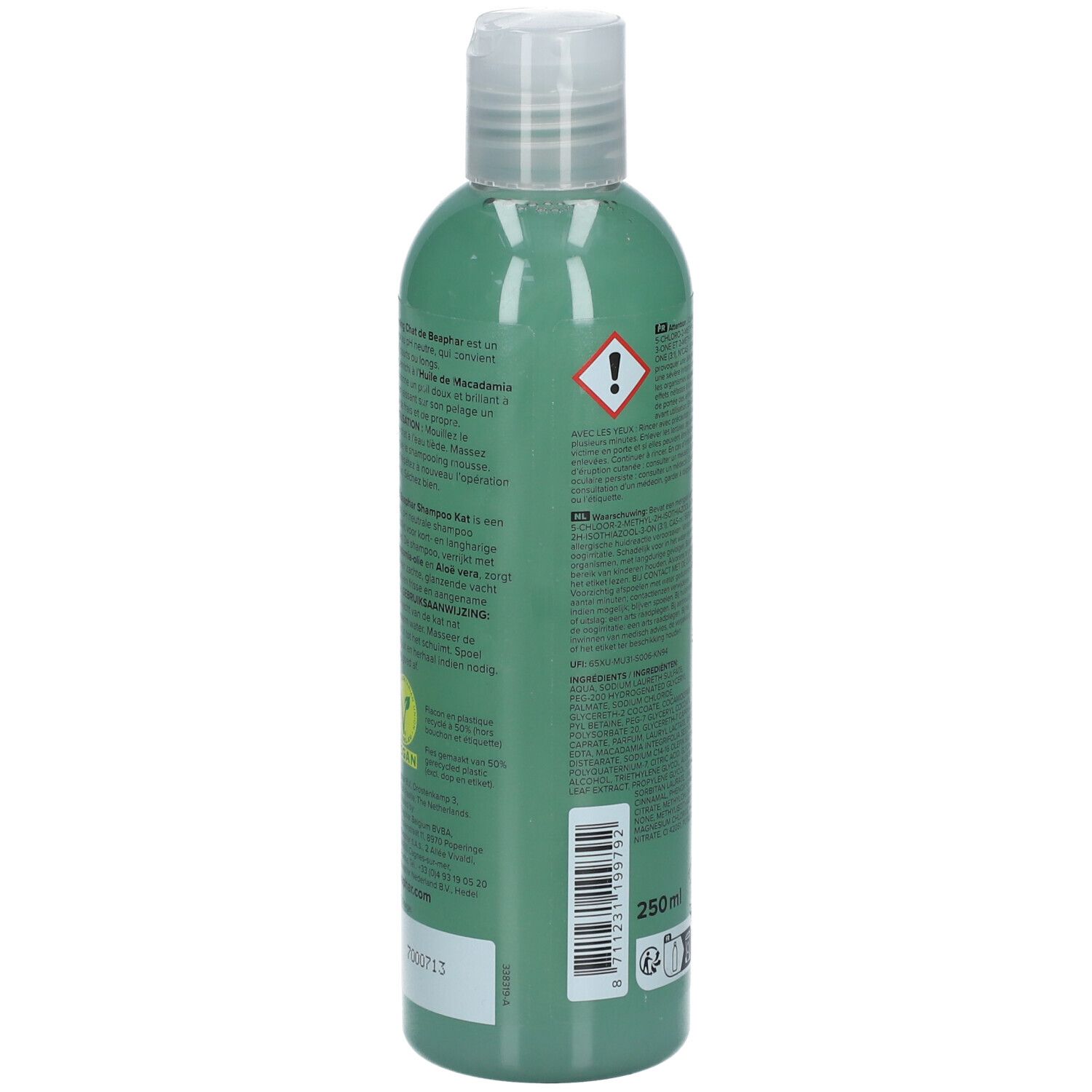 Rückseite der grünen Flasche Beaphar Shampooing Chat Kat. Text und Piktogramme. 250ml. 12M. Barcode.