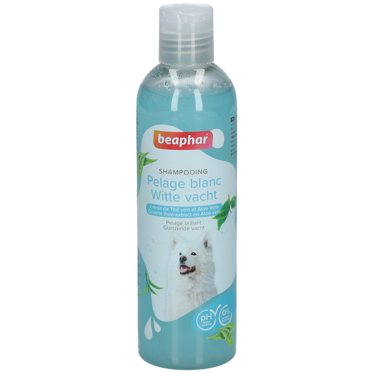 Beaphar Shampooing Pelage Blanc Chien. Flasche mit blauem Shampoo, weißem Deckel. Aufkleber mit Hund, Blättern, Text.