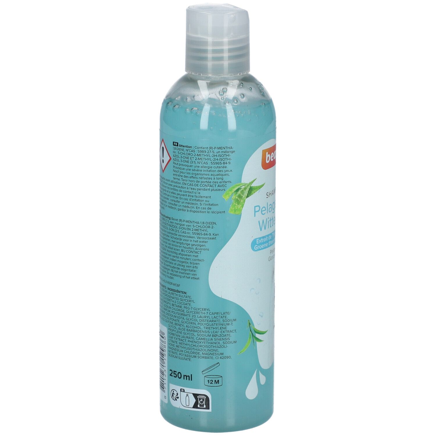 Rückseite der Shampoo-Flasche. Text, Warnhinweis, 250ml, 12M-Symbol. Blaues Shampoo, weißer Deckel.