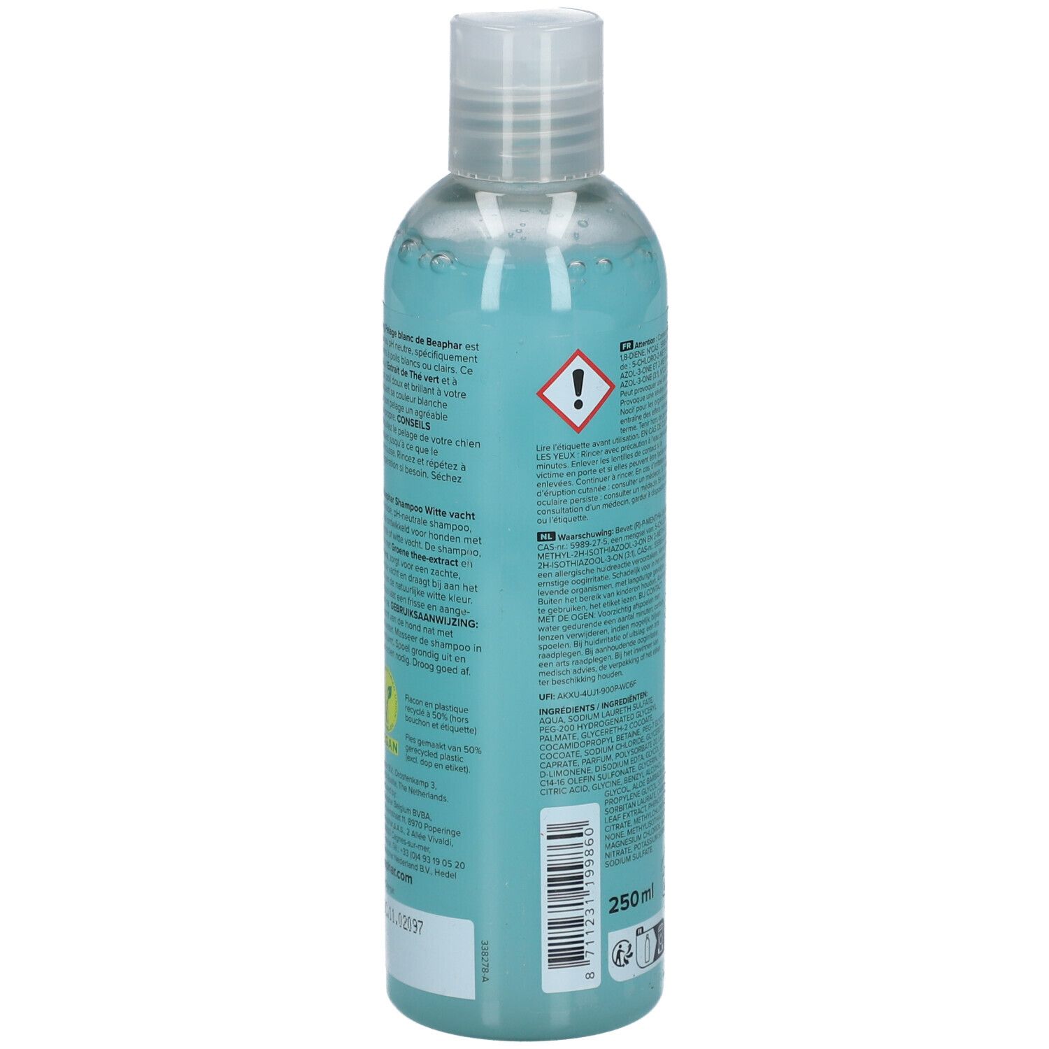 Rückseite der Shampoo-Flasche. Text, Warnhinweis, 250ml. Blaues Shampoo, weißer Deckel. Etikett mit Text.
