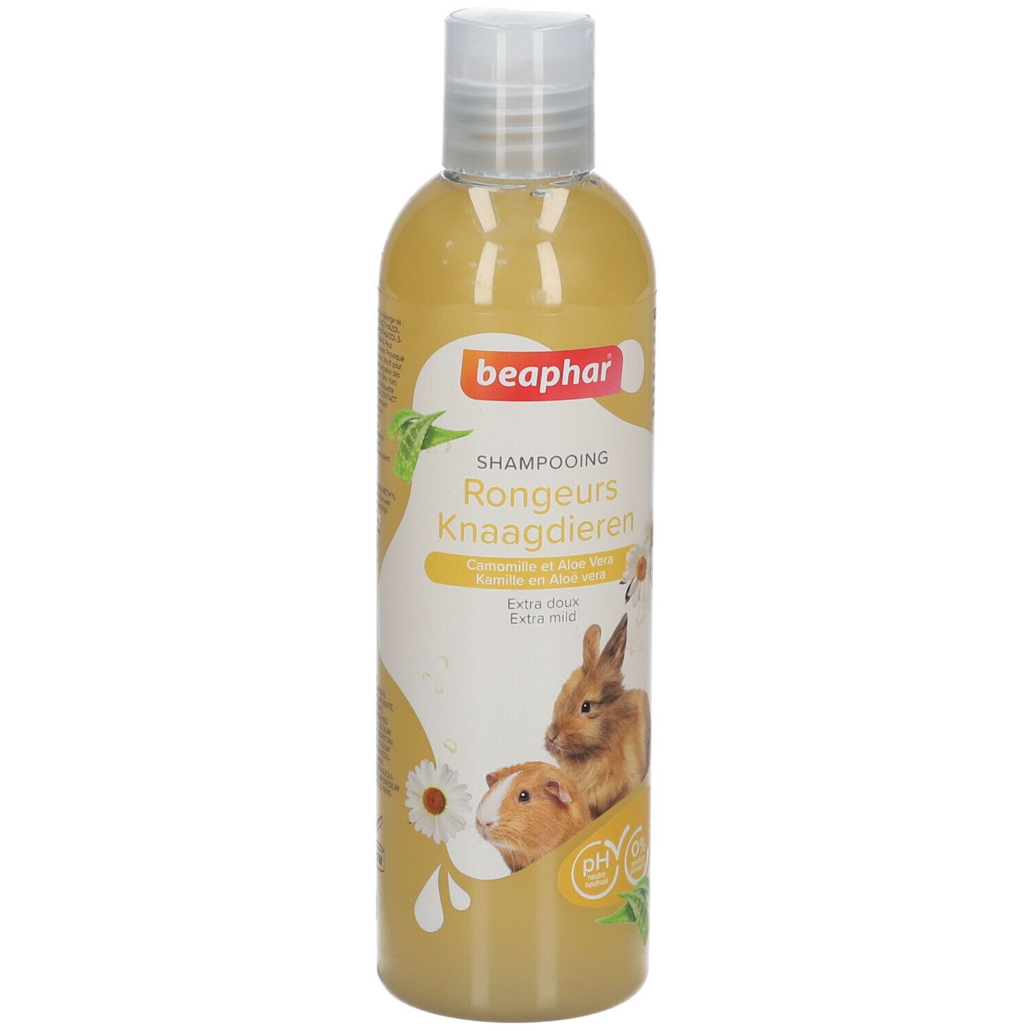 Beaphar Shampooing Rongeurs Flasche. Gelbe Flüssigkeit, weißer Deckel. Etikett mit Kaninchen, Meerschweinchen und Kamille.