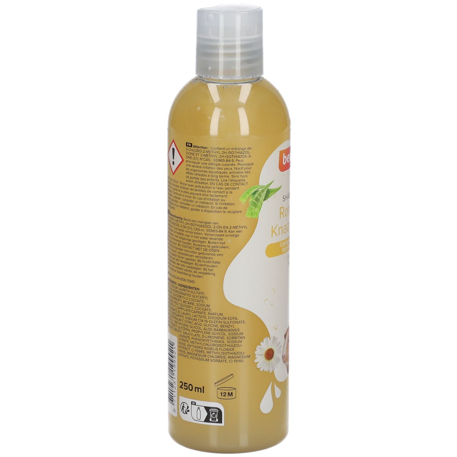 Rückseite der Beaphar Shampooing Rongeurs Flasche. Text, Warnhinweis, 250ml. 12M Symbol.