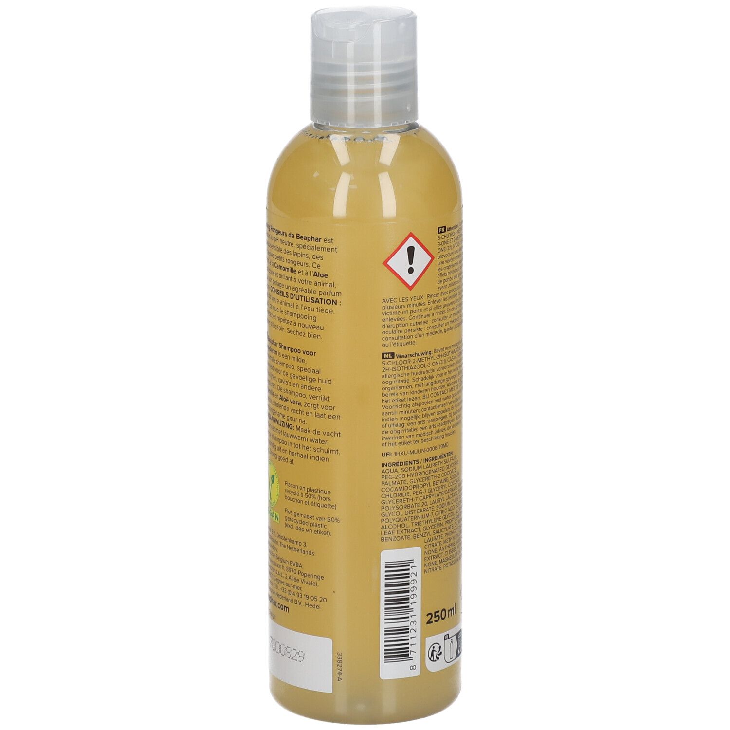 Rückseite der Beaphar Shampooing Rongeurs Flasche. Text, Warnhinweis, 250ml. Barcode.