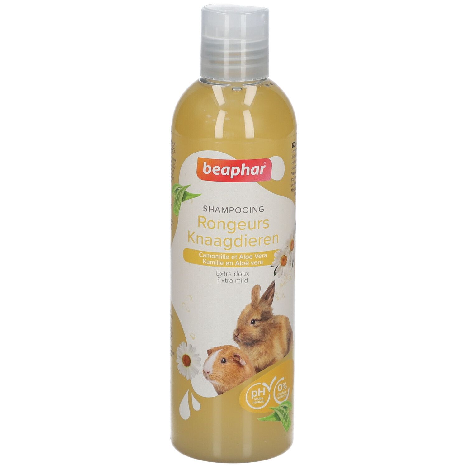 Beaphar Shampooing Rongeurs Flasche. Gelbe Flüssigkeit, weißer Deckel. Etikett mit Kaninchen, Meerschweinchen, Kamille und pH 0.