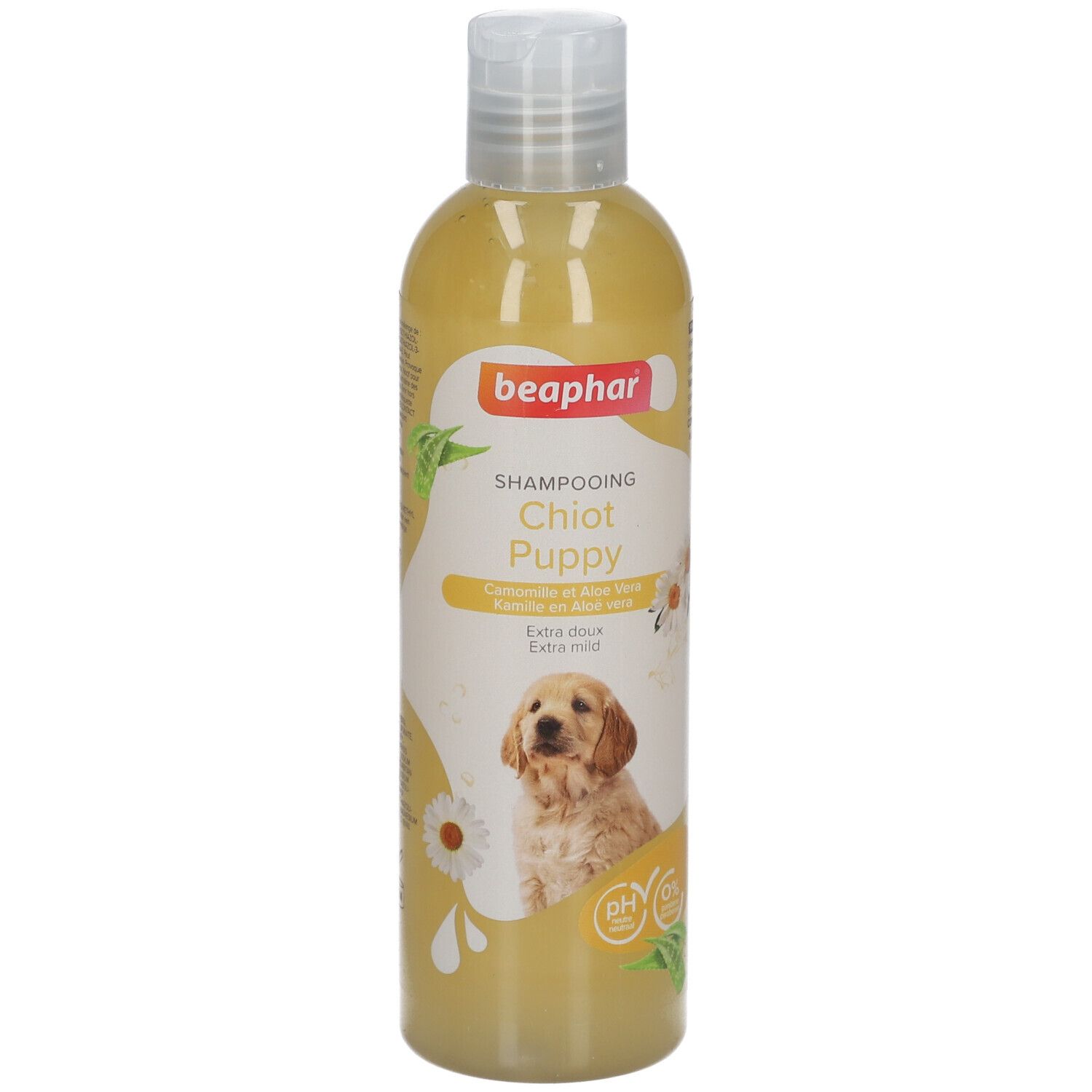 Beaphar Shampooing Chiot Puppy Flasche. Gelbe Flüssigkeit. Etikett mit Welpen, Kamille und Logo. pH-neutral.