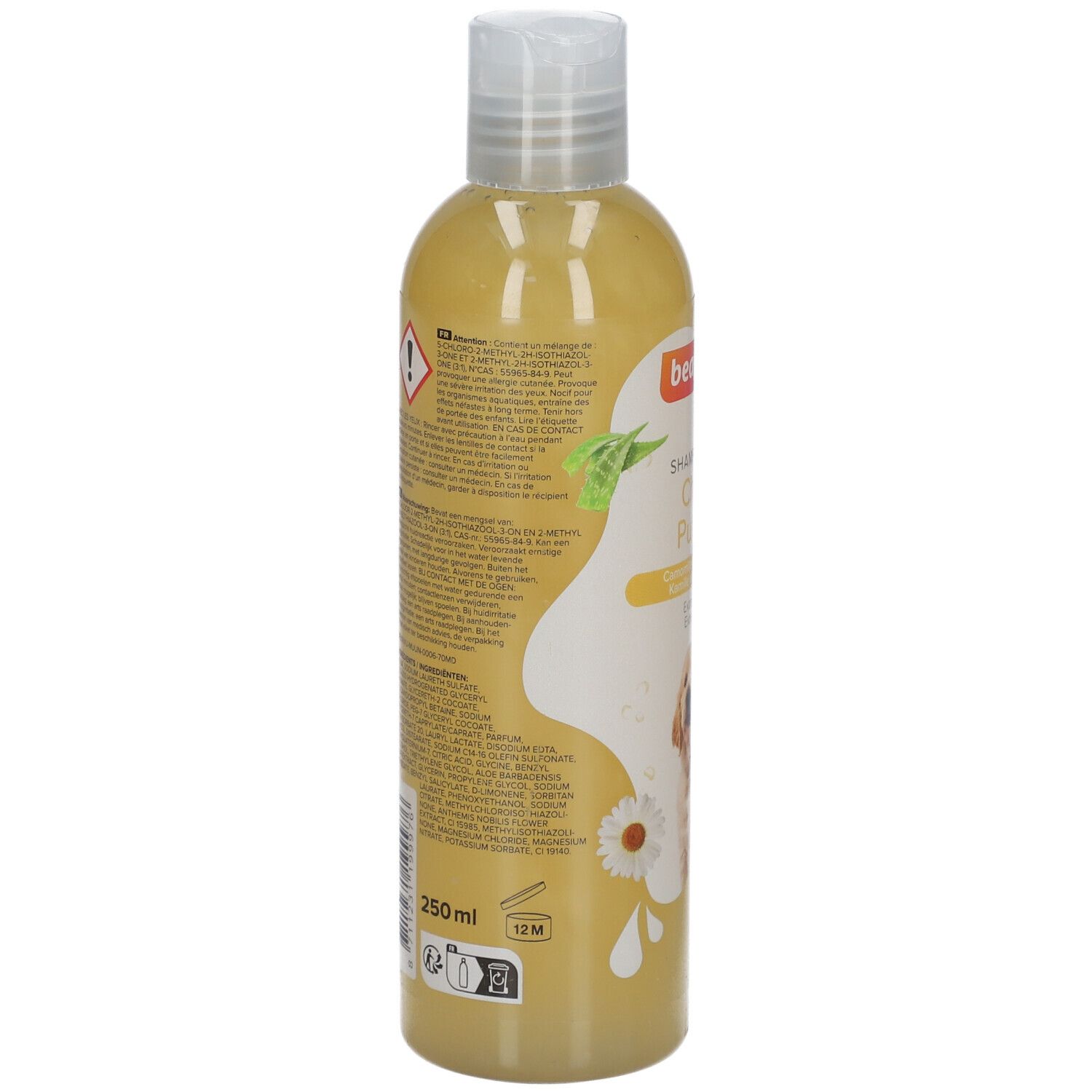 Rückseite der Beaphar Shampooing Chiot Puppy Flasche. Text, Warnhinweise und Symbole. 250 ml. 12M-Symbol.