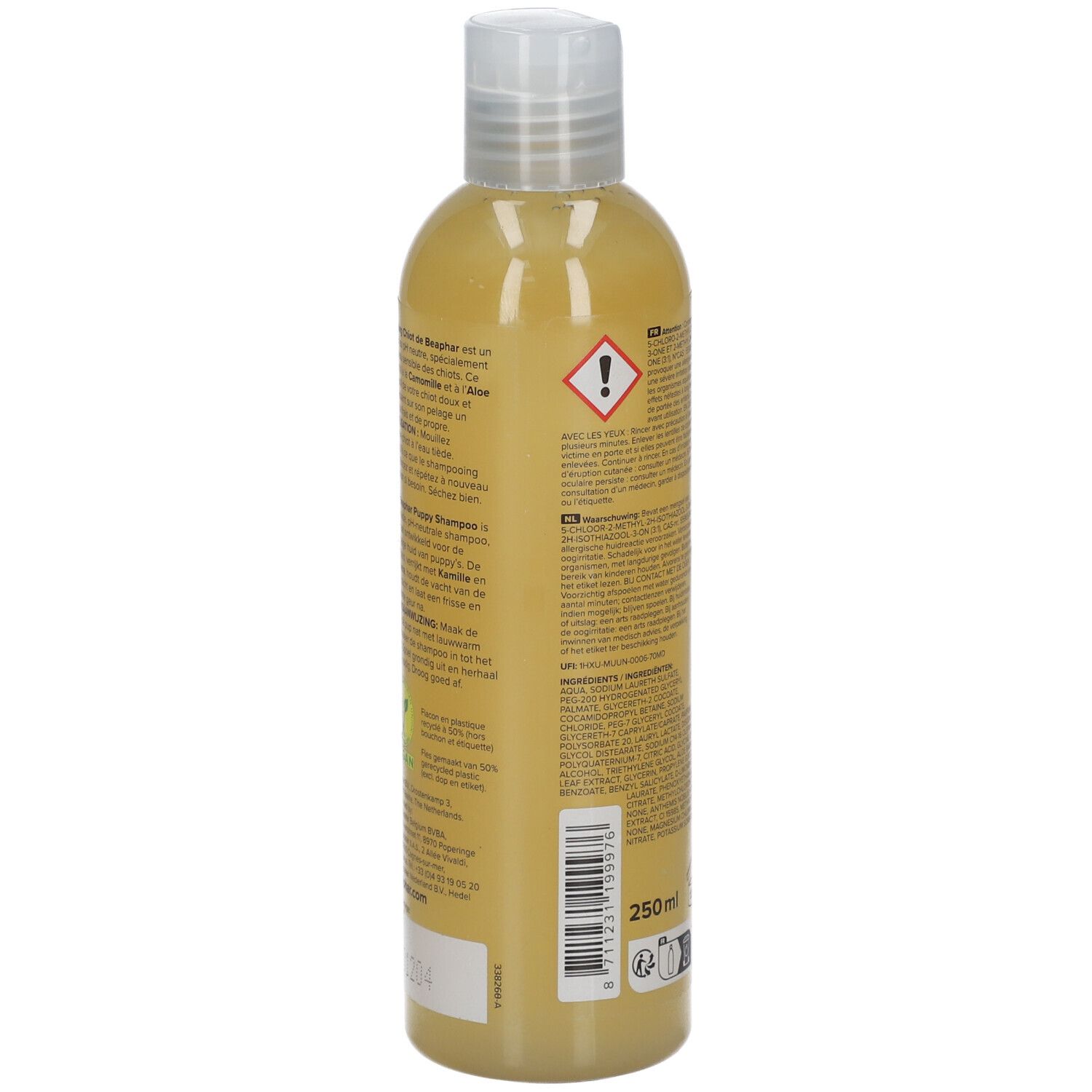 Rückseite der Beaphar Shampooing Chiot Puppy Flasche. Text, Warnhinweise und Symbole. 250 ml. Barcode.