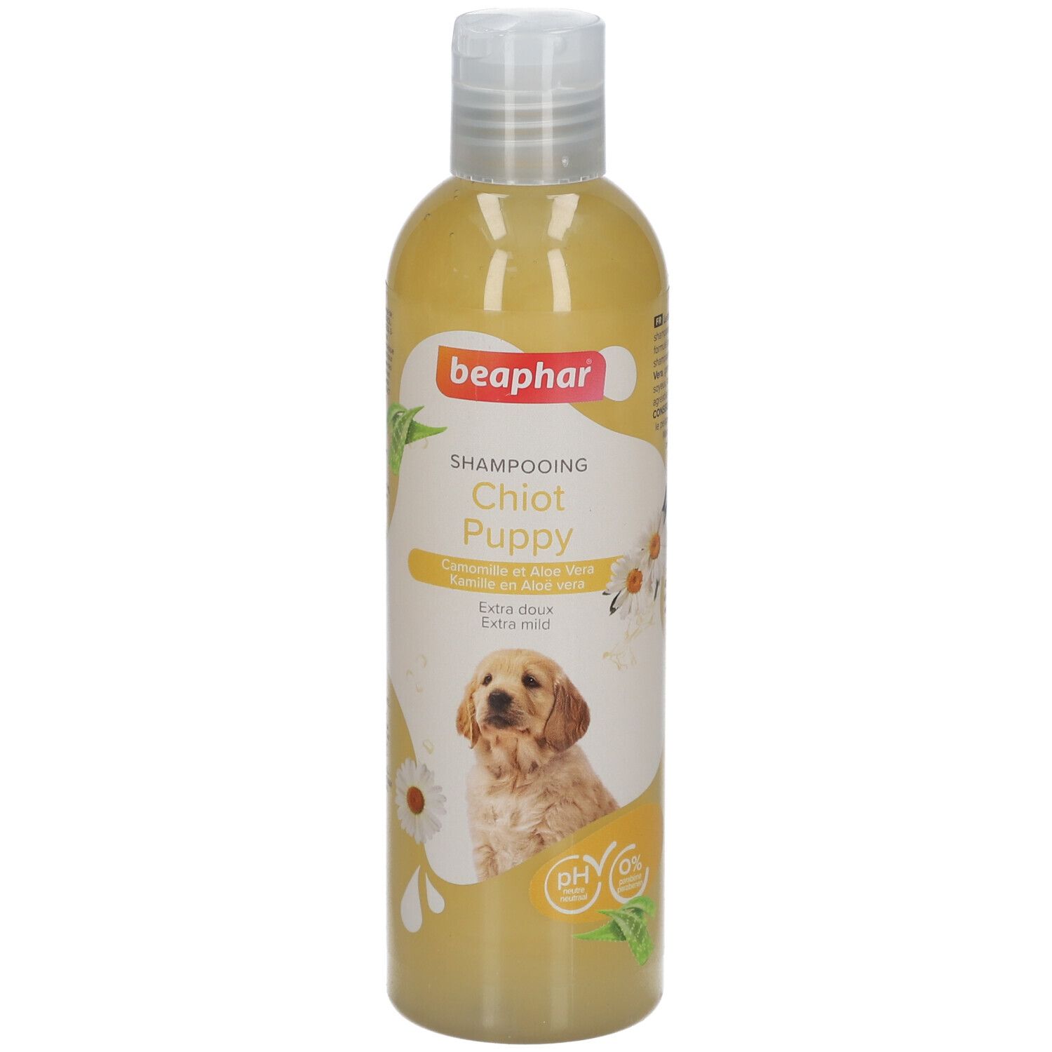 Beaphar Shampooing Chiot Puppy Flasche. Gelbe Flüssigkeit. Etikett mit Welpen, Kamille und Logo. pH-neutral.
