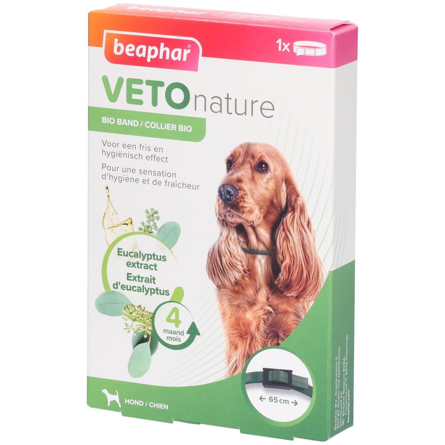 Verpackung mit Produktabbildung. Aufschrift: Veto nature Bio Band. Enthält Eukalyptus-Extrakt. Für Hunde. 4 Monate.