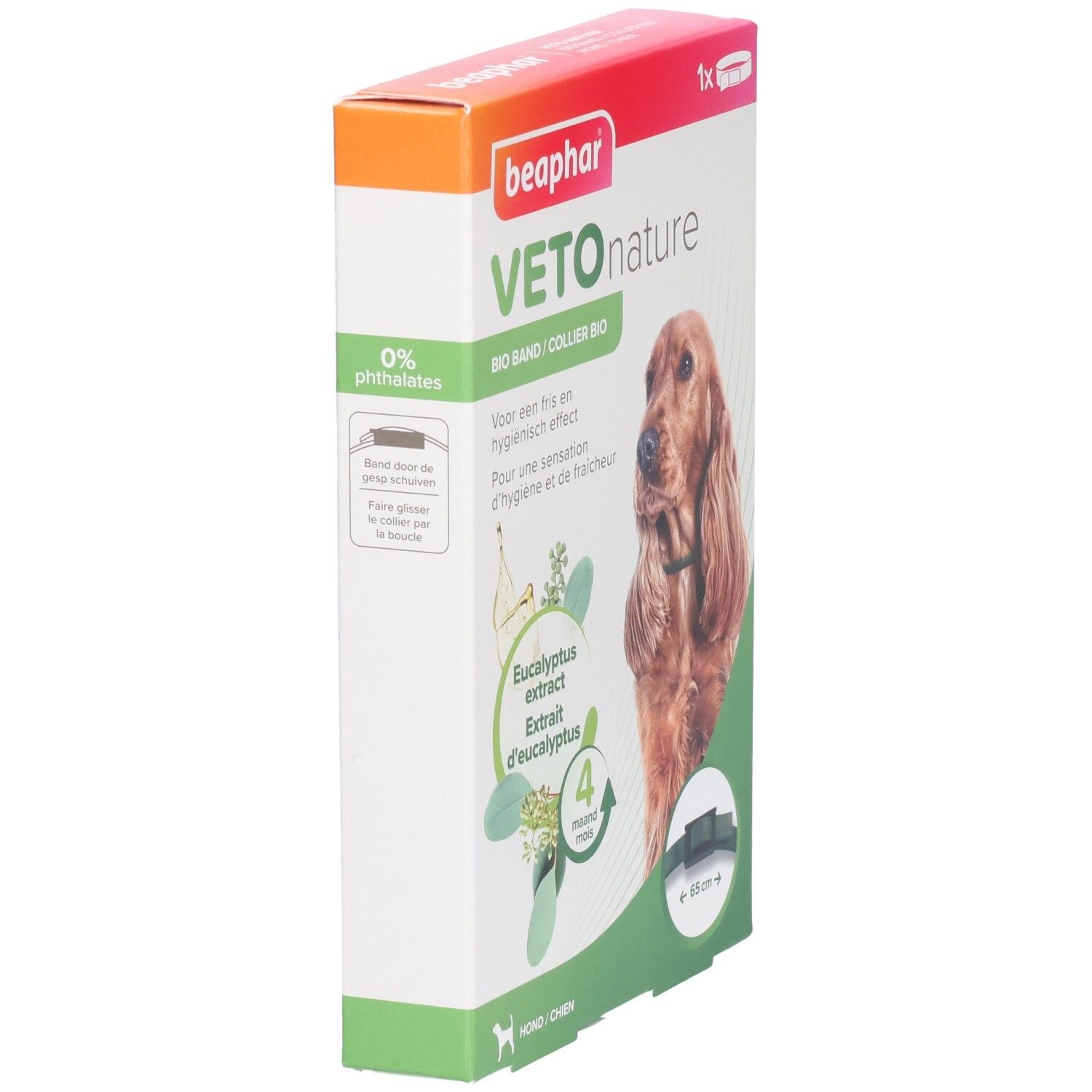 Produktverpackung. Aufschrift: Veto nature Bio Band. Enthält Eukalyptus-Extrakt. Für Hunde. 0% Phthalate. Halsband-Abbildung.