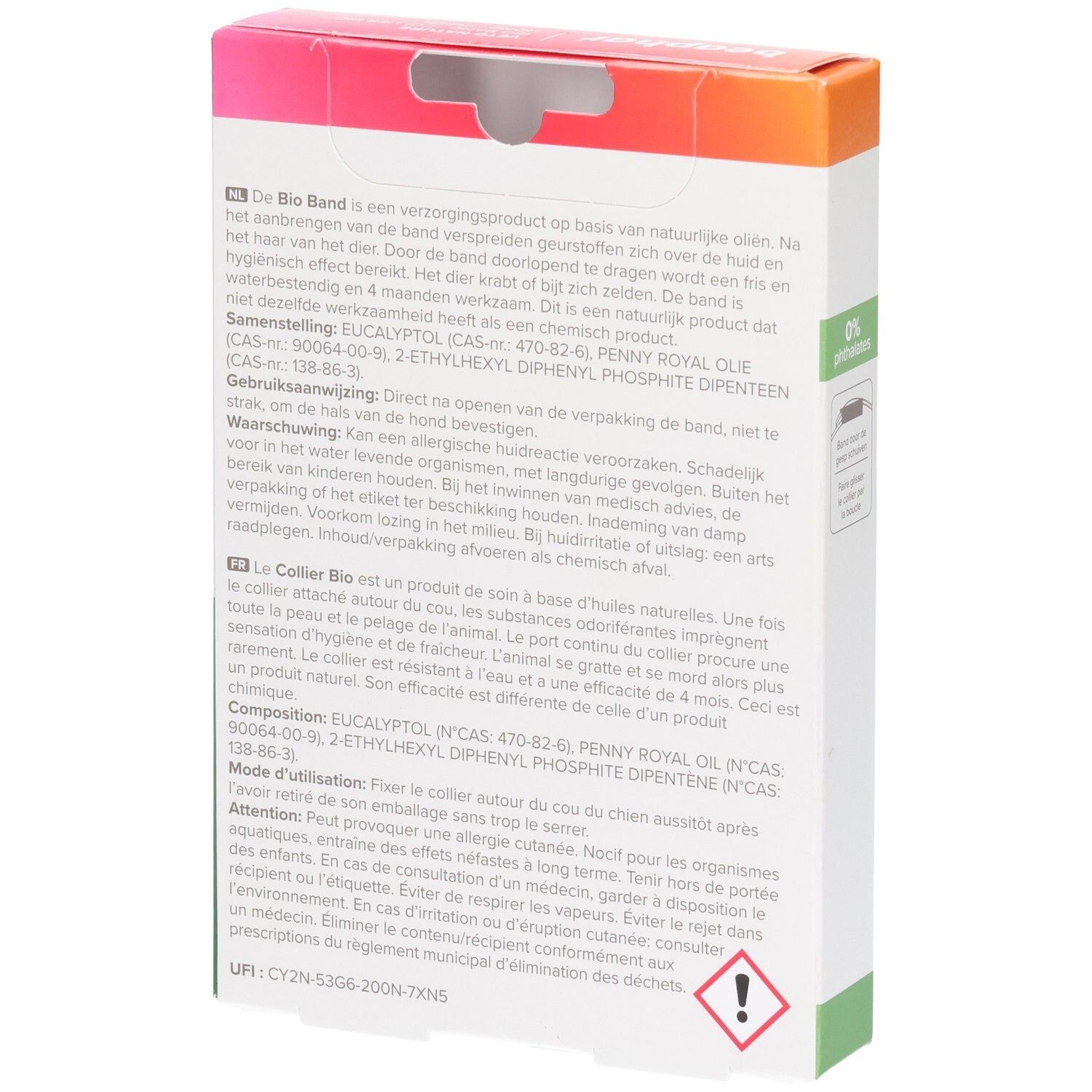Rückseite der Produktverpackung. Text in Deutsch und Französisch. Enthält Warnhinweise und Inhaltsstoffe. Gefahrensymbol.
