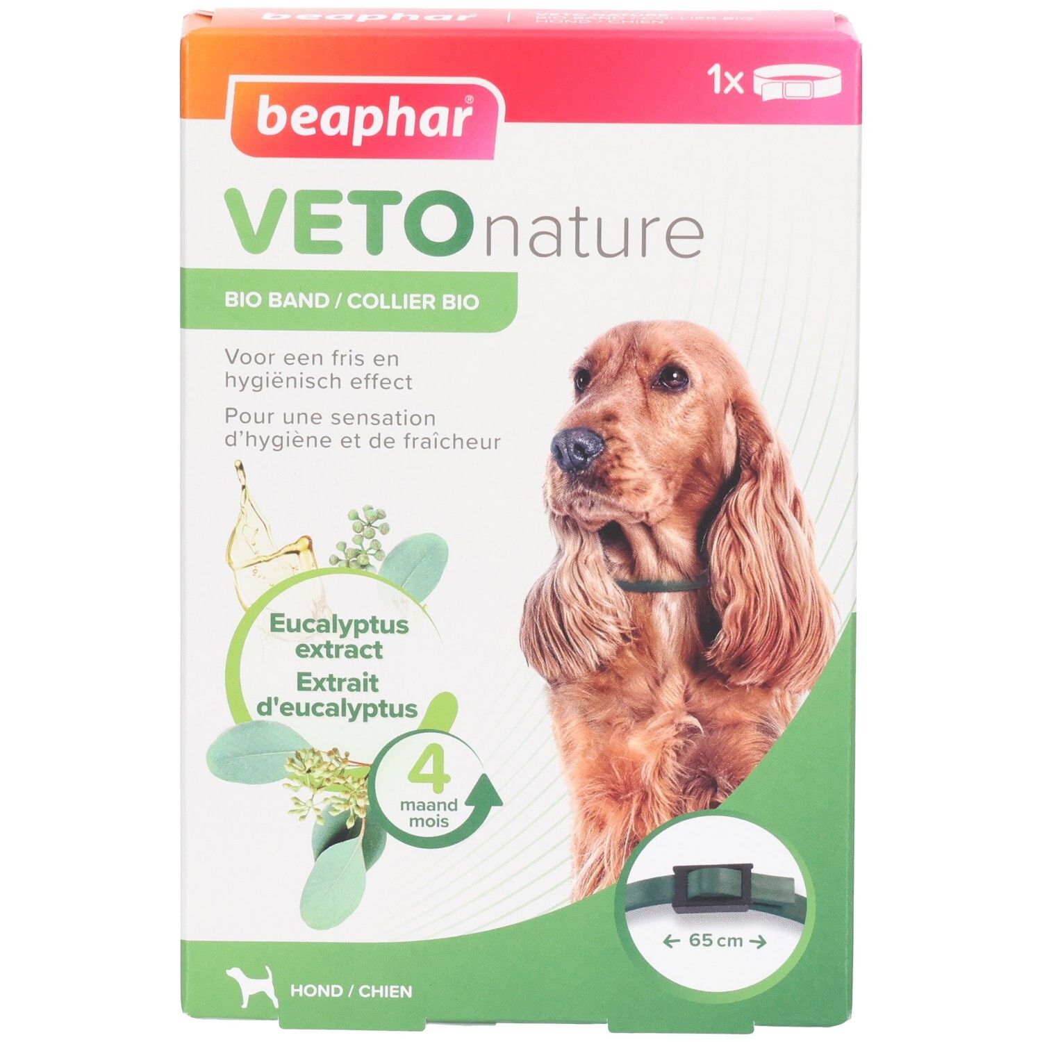 Produktverpackung. Aufschrift: Veto nature Bio Band. Enthält Eukalyptus-Extrakt. Für Hunde. 4 Monate. Halsband-Abbildung.
