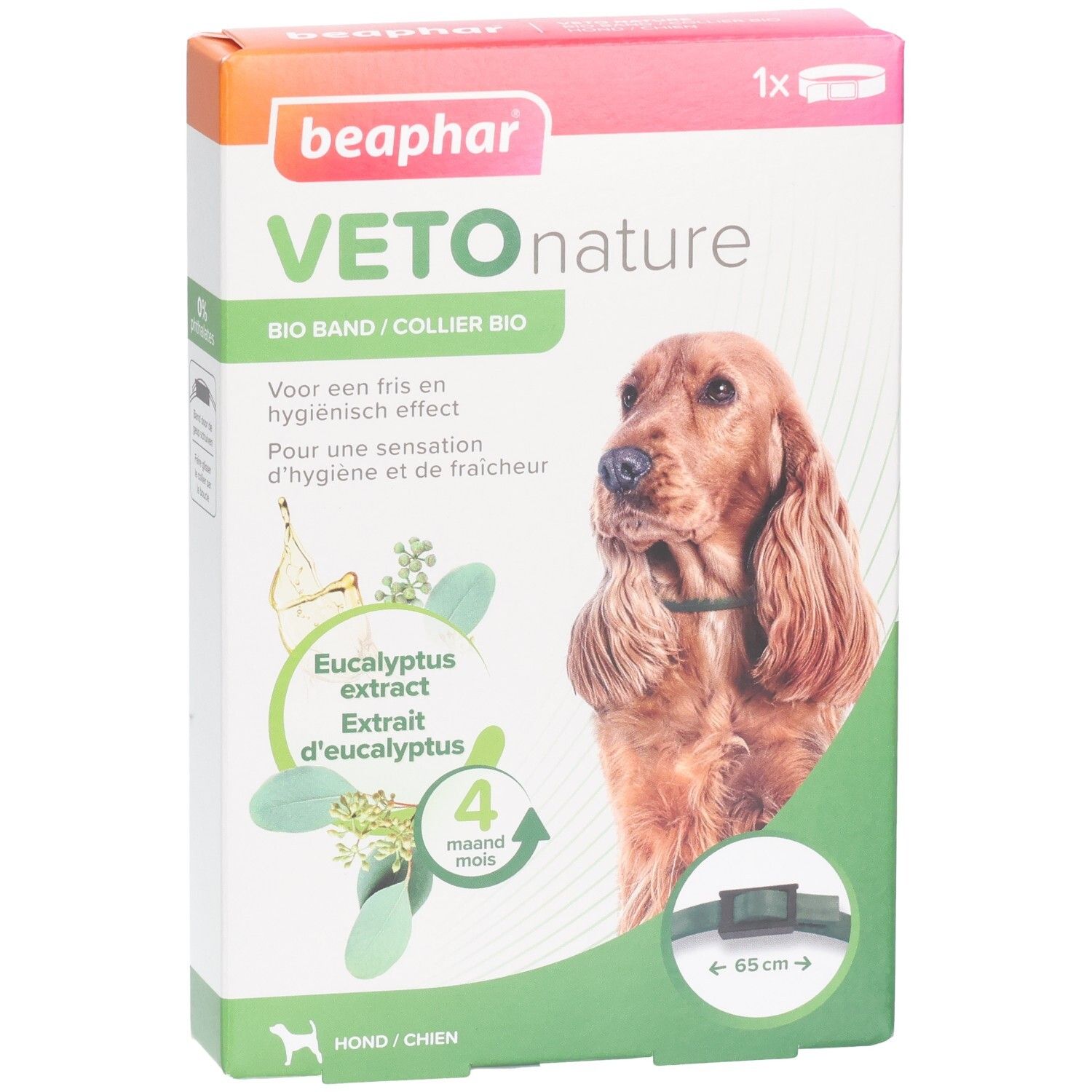 Produktverpackung. Aufschrift: Veto nature Bio Band. Enthält Eukalyptus-Extrakt. Für Hunde. 4 Monate. Halsband-Abbildung.