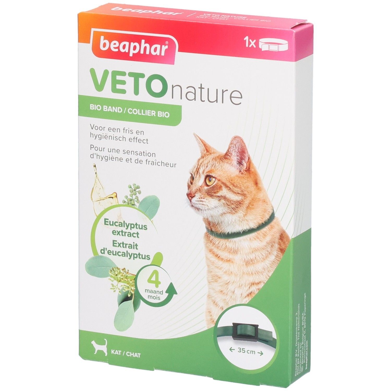 Boîte Beaphar Vetonature Bio Band Eucalyptus Kat. Chat avec collier. Contient de l'extrait d'eucalyptus. Durée 4 mois.