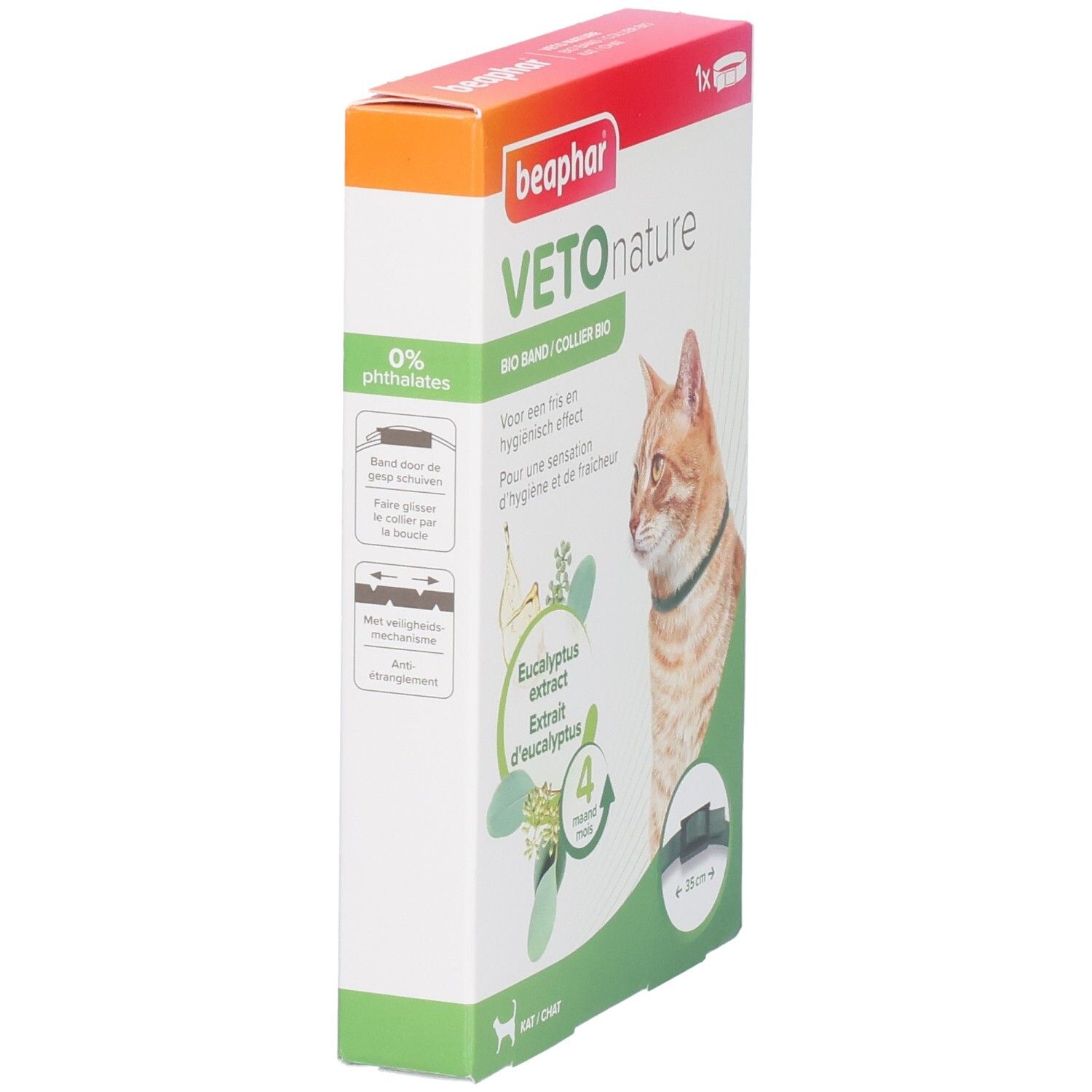 Vue latérale de la boîte Beaphar Vetonature Bio Band Eucalyptus Kat. Contient 0% de phtalates. Chat avec collier.