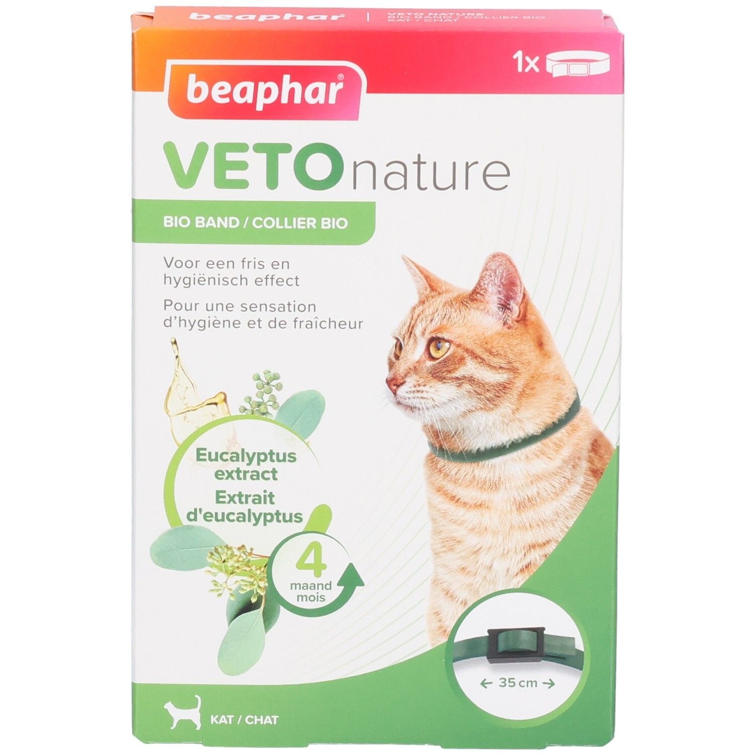 Vue de face de la boîte Beaphar Vetonature Bio Band Eucalyptus Kat. Chat avec collier. Contient de l'extrait d'eucalyptus. 4 mois.